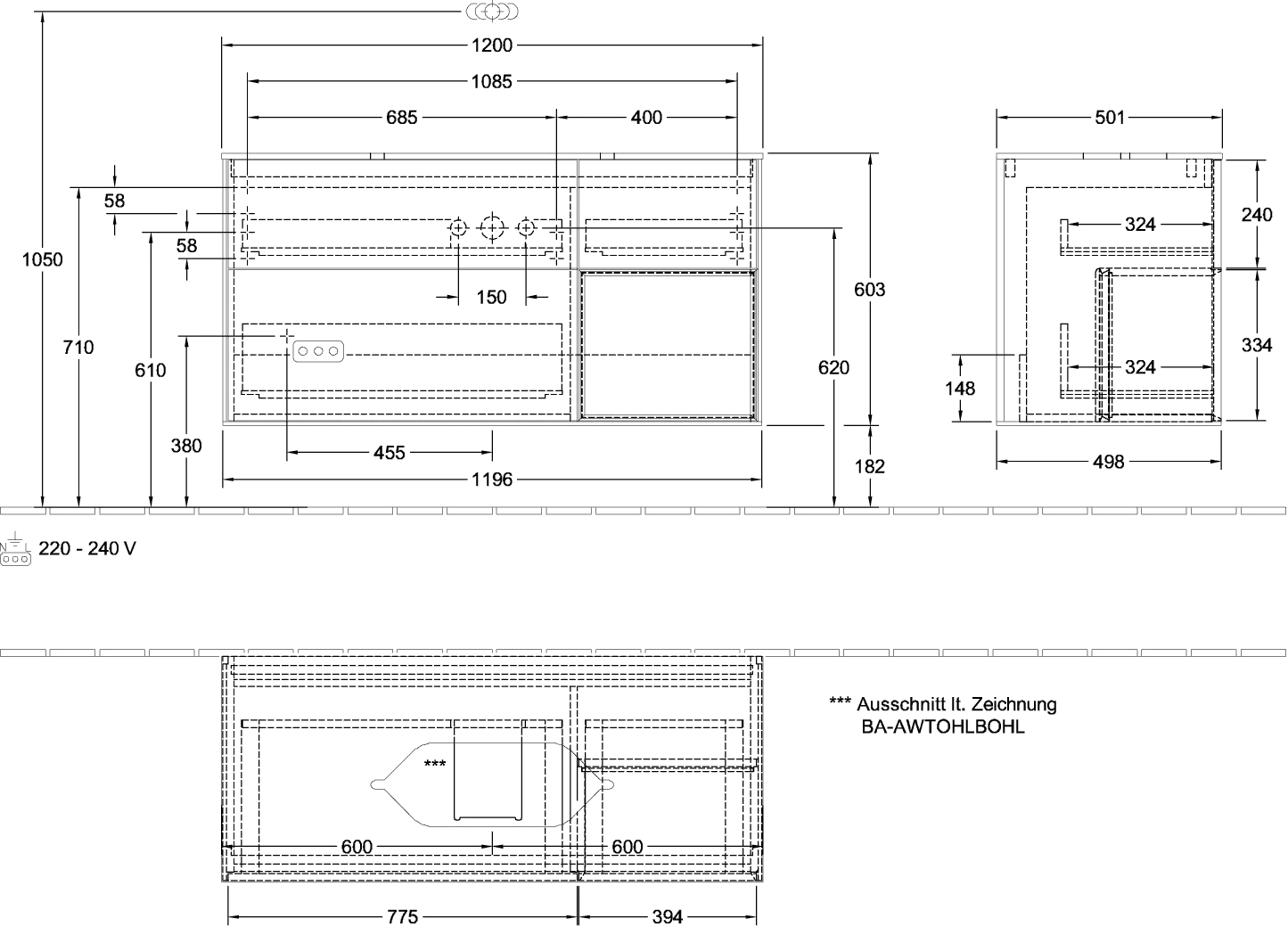 Villeroy & Boch Waschtischunterschrank „Finion“ für Schrankwaschtisch 1200 × 603 × 501 mm Black Matt Lacquer, ohne Hahnlochbohrung, für Becken mittig