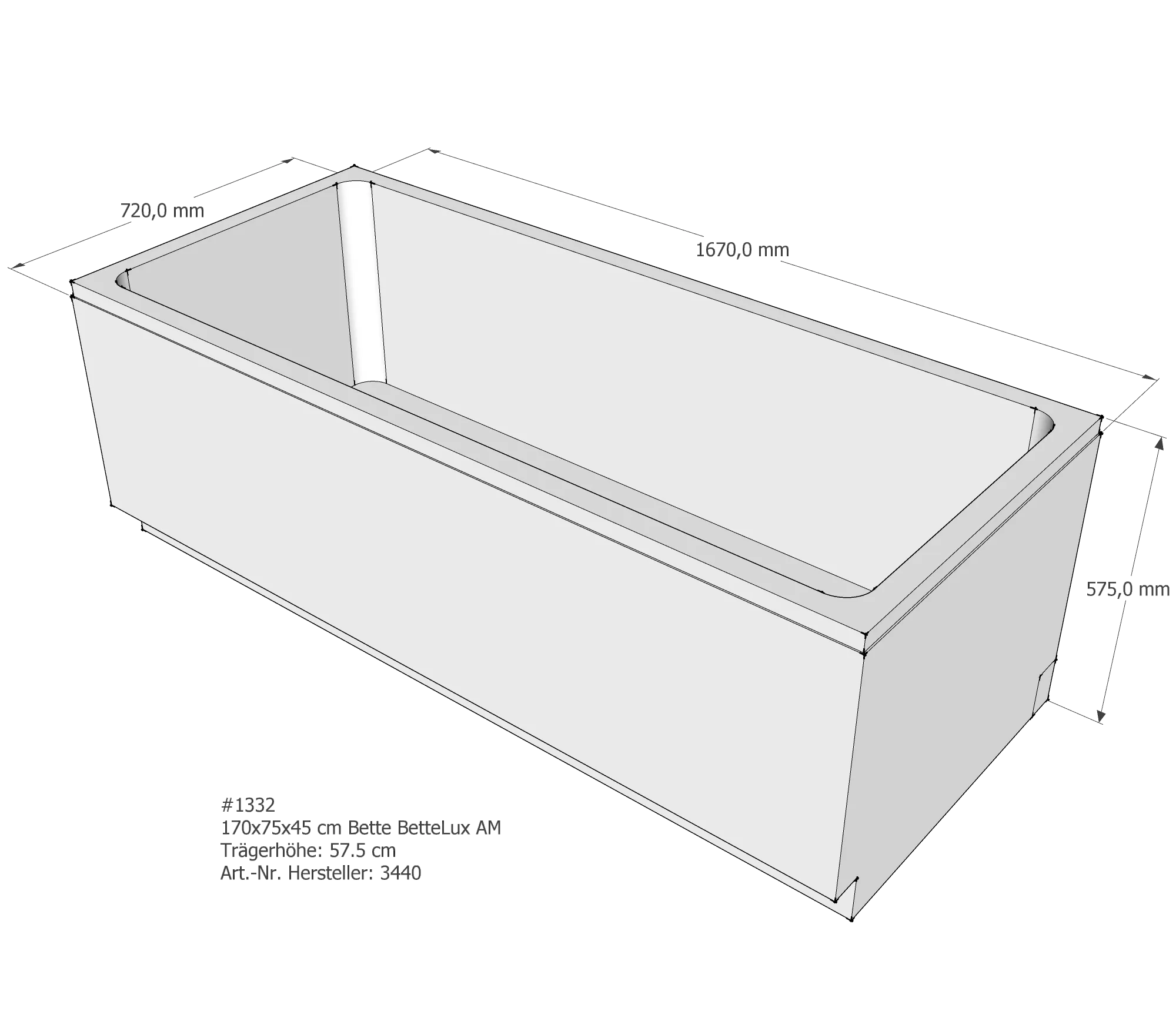 Badewannenträger für Bette Lux 170 × 75 × 45 cm Breite: 75 cm / Länge: 170 cm