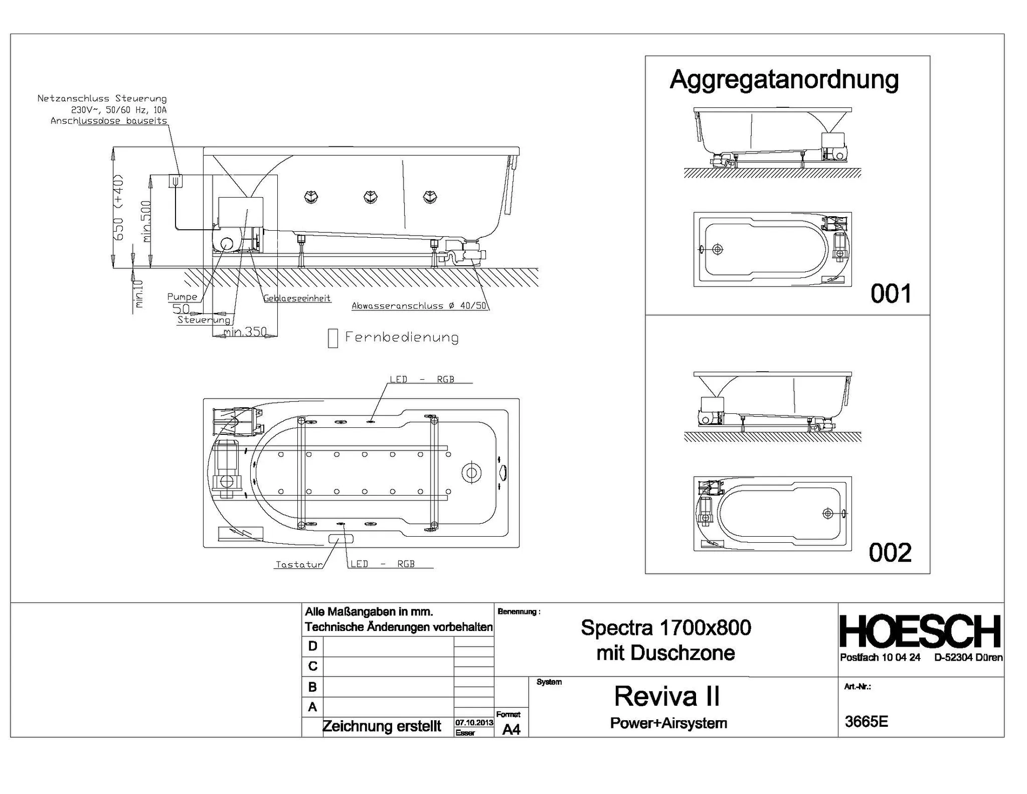 Hoesch Whirlwanne „Spectra“ mit Whirlsystem „Reviva II“ rechteck 170 × 80 cm, rechteckig