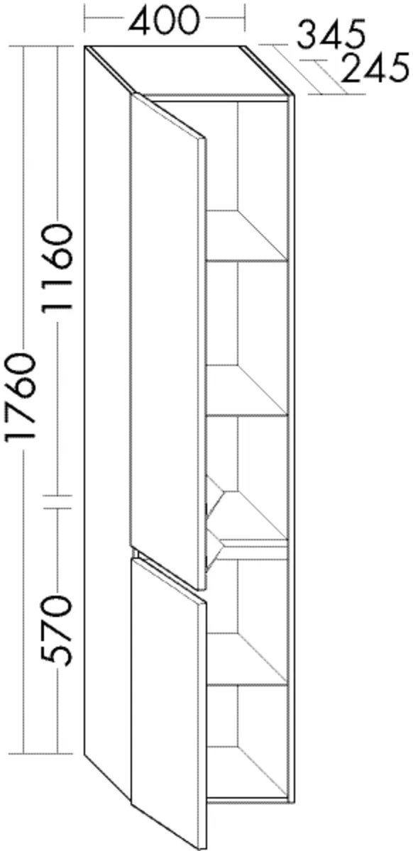 Hochschrank, 2 Türen;3 Glaseinlegeböden;1 fester Boden;2 Winkelablagen, Metall, graphit, Tiefe: 245 mm, Breite: 400 mm, Höhe: 1760 mm