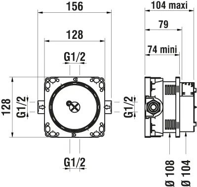 Unterputz-Einbaukörper SIMIBOX Light reduzierte Einbautiefe von min. 74 mm Anschluss 1/2″ GN 1 oder 2 Mischwasserabgänge mit Vorabsperrung Kunststoffbox mit Dichtmanschette und Bauschutzkappe Spül- und Abpressvorrichtung vormontiert
