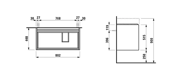 Waschtischunterbau LANI 448x882x515 mit 2 Schubladen integrierter Griffleiste Vollauszug und Soft-Close für Waschtisch Kartell • H810339 weiß matt