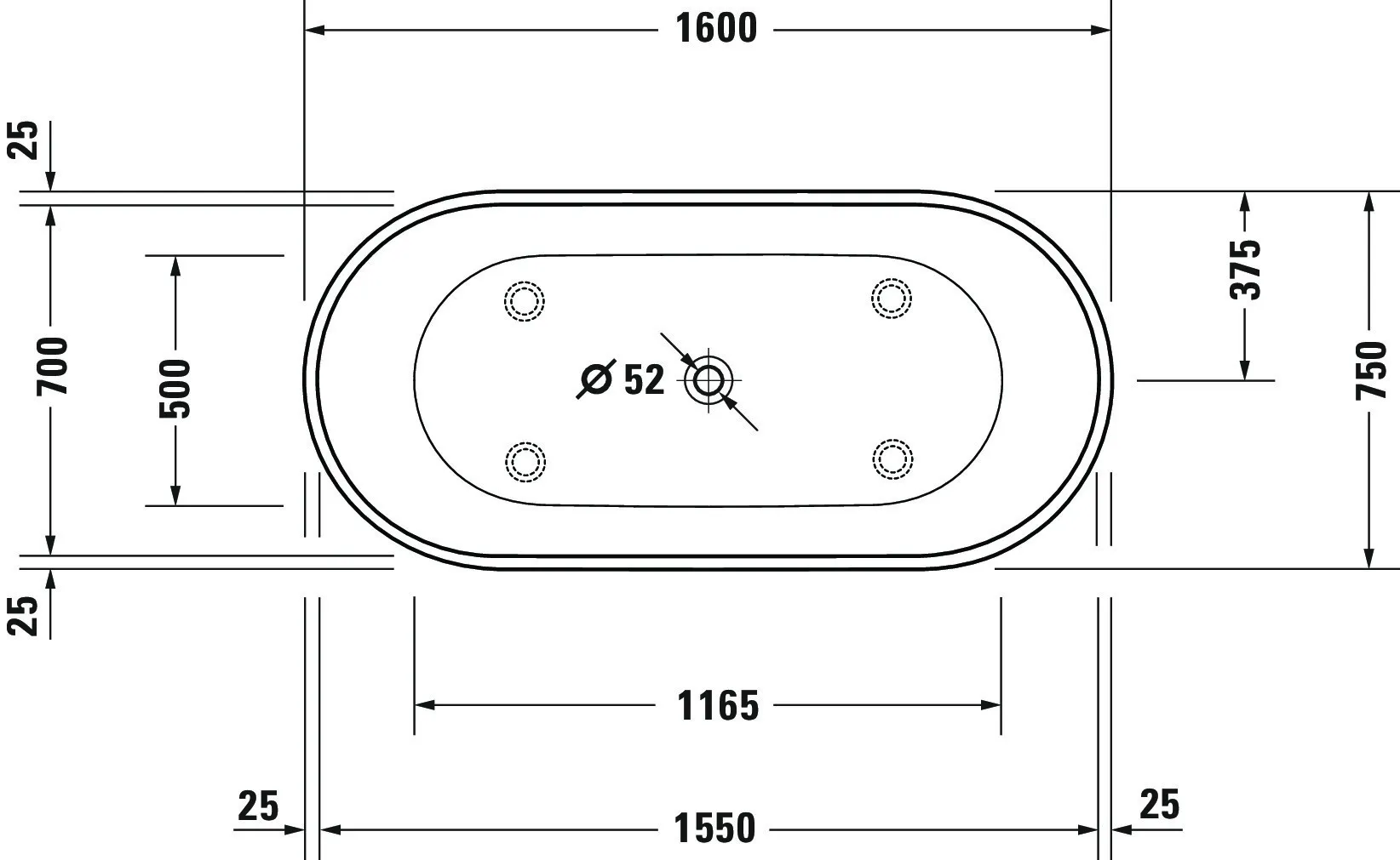 Duravit Badewanne „D-Neo“ freistehend oval 160 × 75 cm, Mittelablauf ohne Überlauf