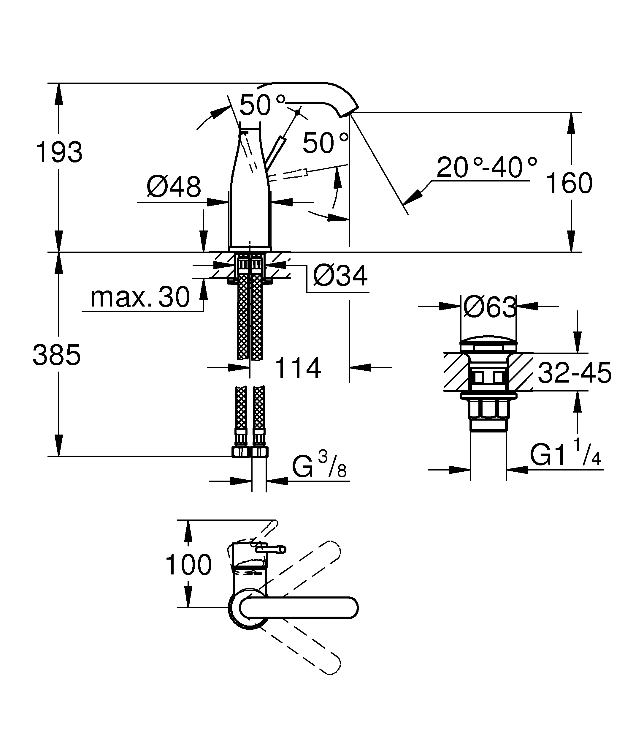 Einhand-Waschtischbatterie Essence 24181_1, M-Size, Einlochmontage, glatter Körper, Push-open Ablaufgarnitur 1 1/4'', chrom