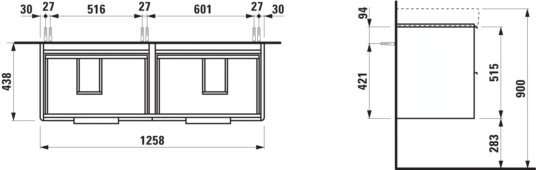 Waschtischunterbau BASE für PRO S 438x1258x515 4 Schubladen mit Griff aluminium eloxiert für Waschtisch H814968 weiß matt Waschtischunterbau BASE für PRO S 438x1258x515 4 Schubladen mit Griff aluminium eloxiert für Waschtisch H814968 weiß matt
