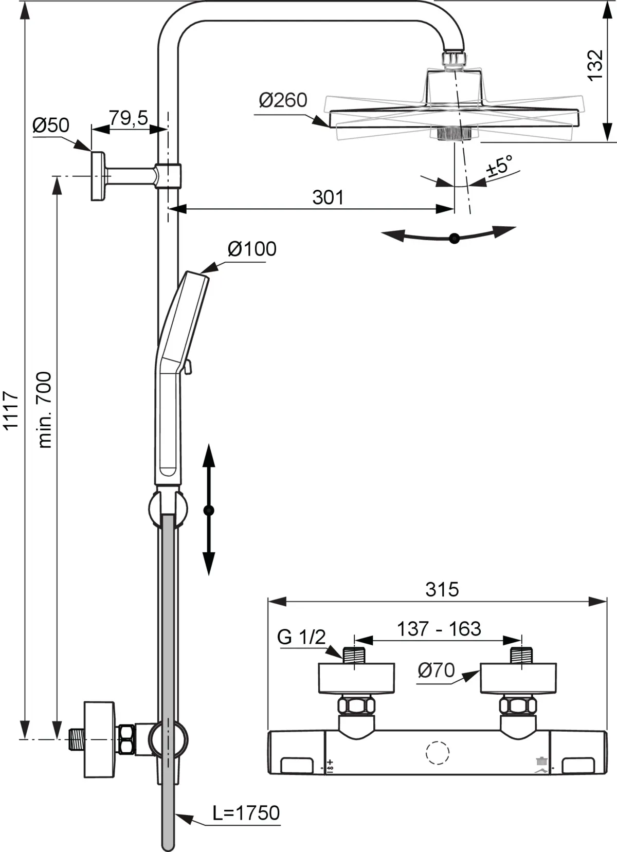 Ideal Standard Ceratherm T25+ Duschsystem Aufputz Chrom, 315x531,5x1117 mm, mit Brausethermostat, 2-Funktions-Handbrause und 2-Funktions-Kopfbrause