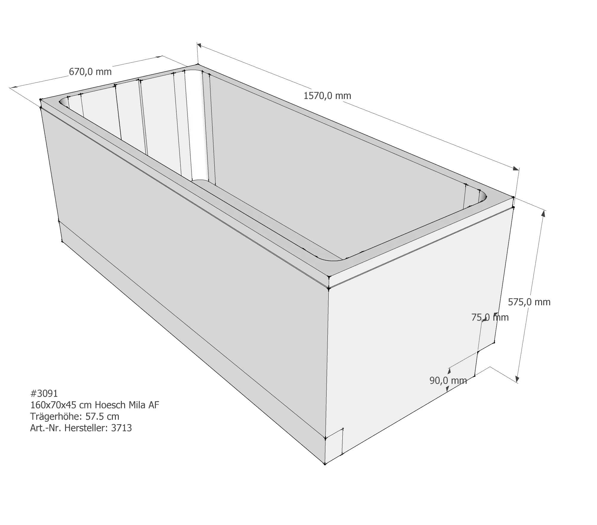 Badewannenträger für Hoesch Mila 160 × 70 × 45 cm