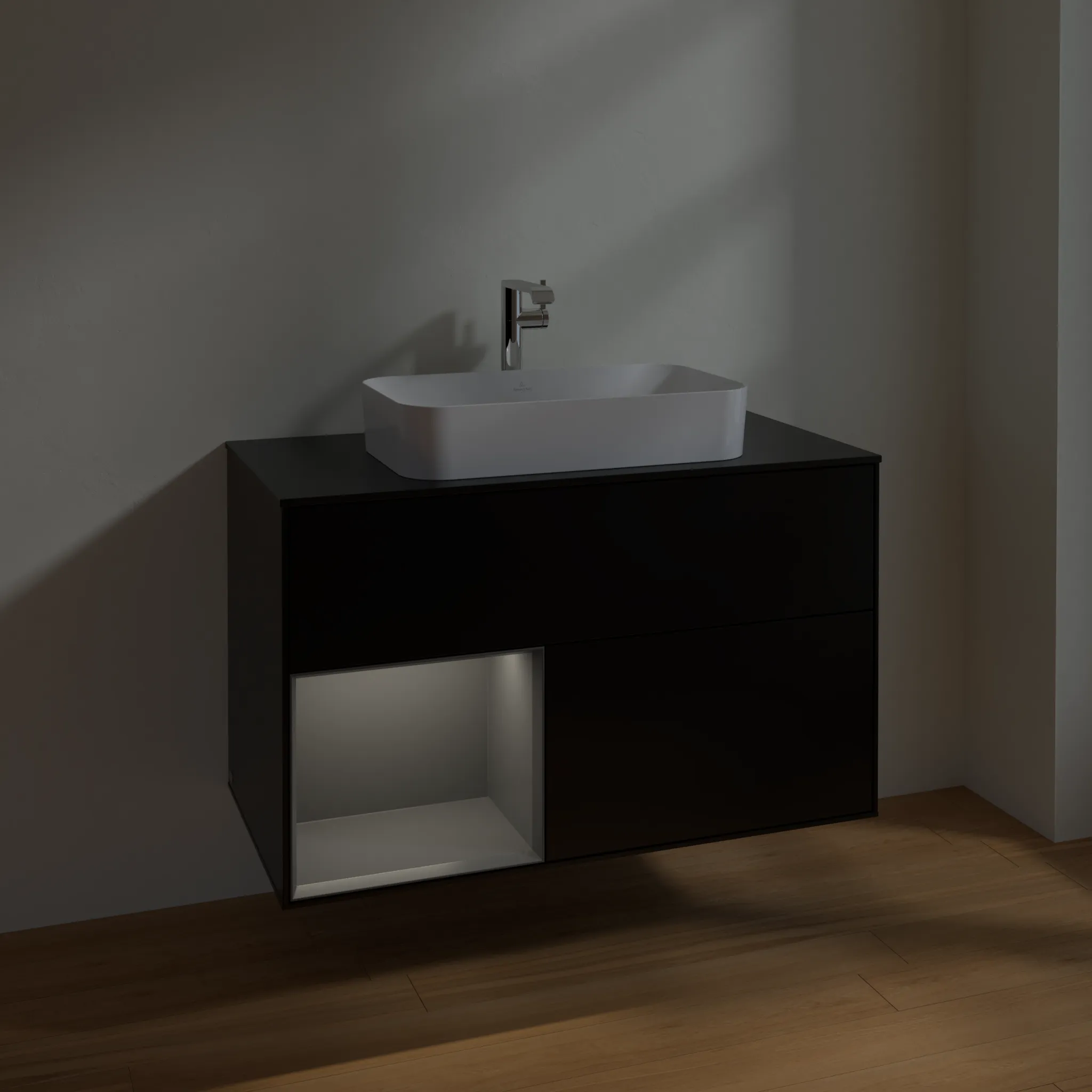 Villeroy & Boch Waschbeckenunterschrank Finion F24, 1000x603x501 mm, Black Matt Lacquer, mit Beleuchtung und Push-to-open Funktion Villeroy & Boch Waschbeckenunterschrank Finion F24, 1000x603x501 mm, Black Matt Lacquer, mit Beleuchtung und Push-to-open Funktion