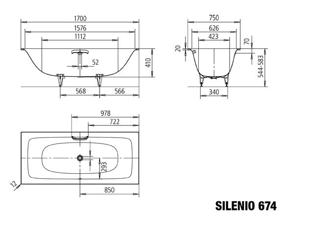 Set Badewanne Silenio 170 × 75 cm mit Perleffekt und Fußgestell inkl. Viega-Ablauf, ,, ,