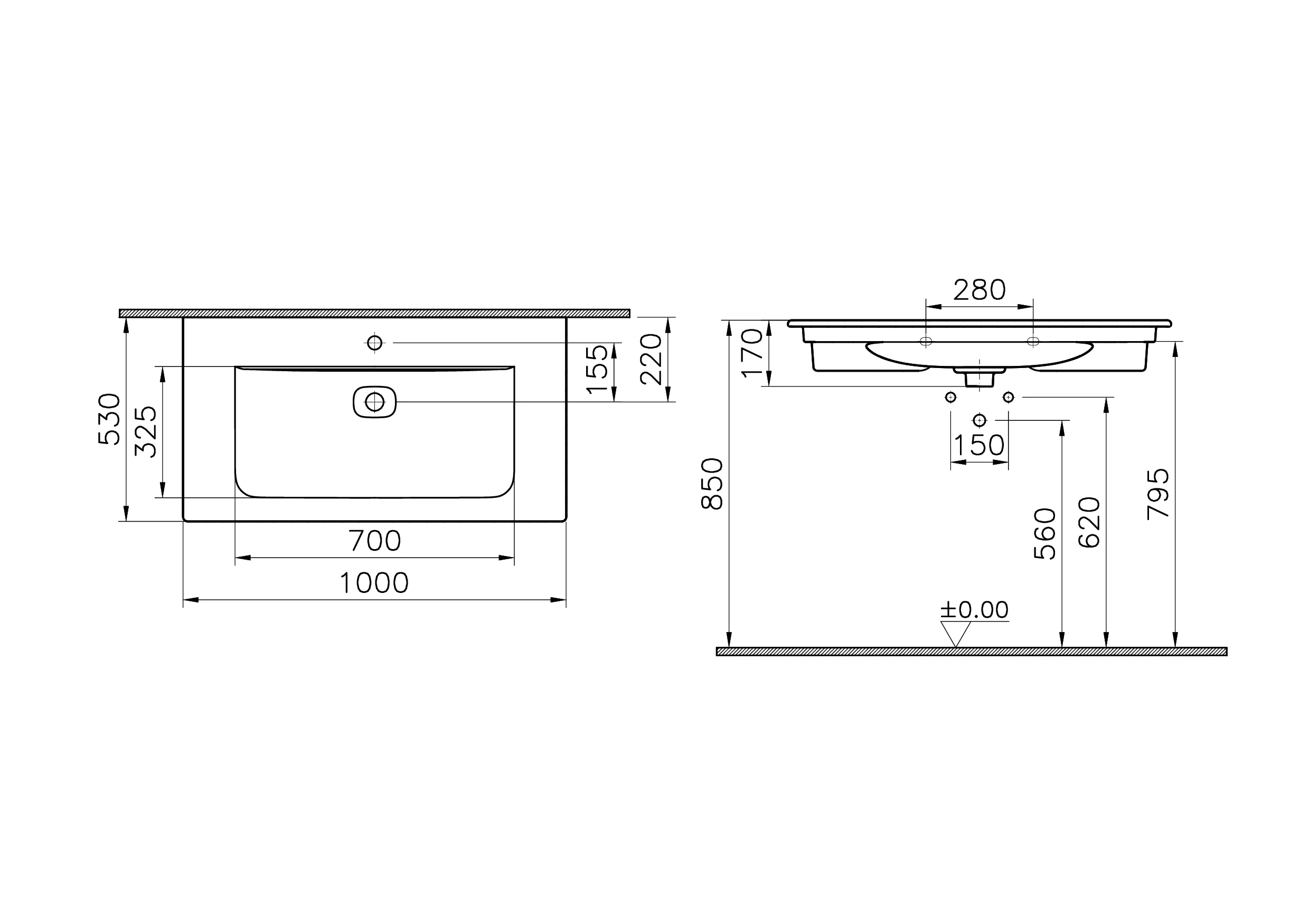 New Metropole Möbelwaschtisch wandgebunden rechteckig 100 x 53 cm mit Hahnloch mit Überlaufschlitz Steingrau Matt mit Oberflächenveredelung Clean