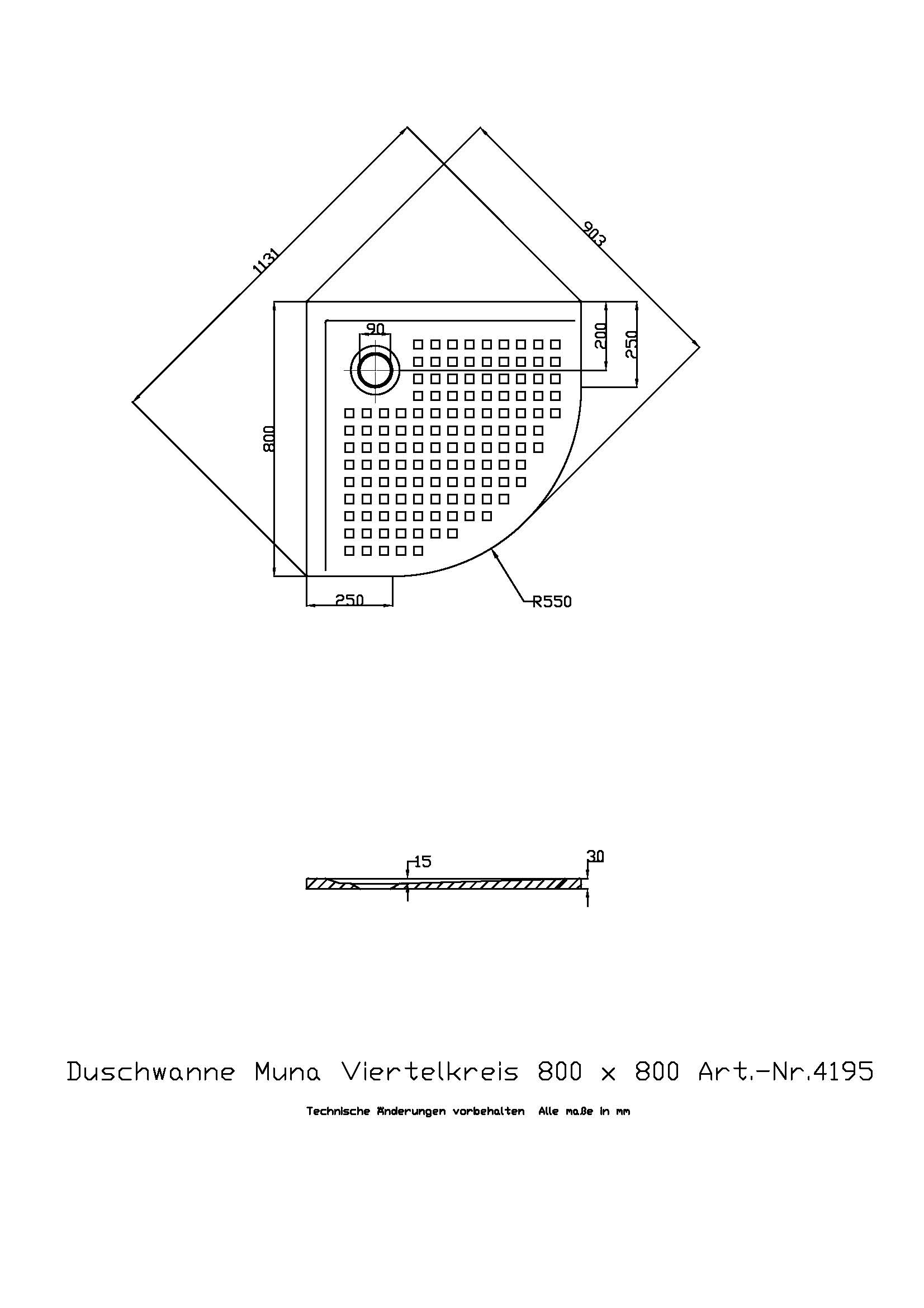 Duschwanne „Muna“ Viertelkreis 80 × 80 cm in Weiß
