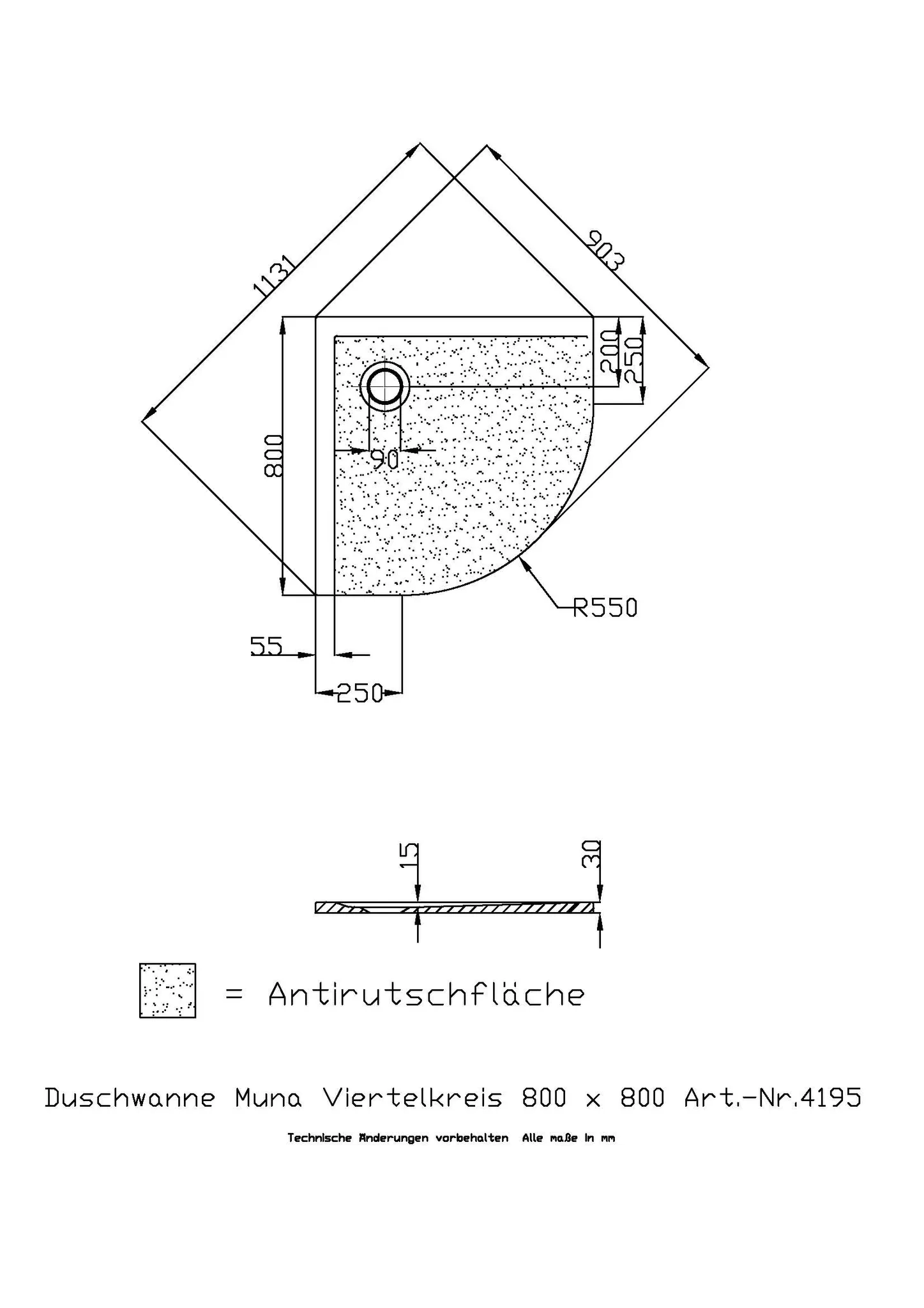 Hoesch Muna Duschwanne ¼-Kreis 800x800x30 mit Antirutsch, Material Solique, Schiefergrau Hoesch Muna Duschwanne ¼-Kreis 800x800x30 mit Antirutsch, Material Solique, Schiefergrau