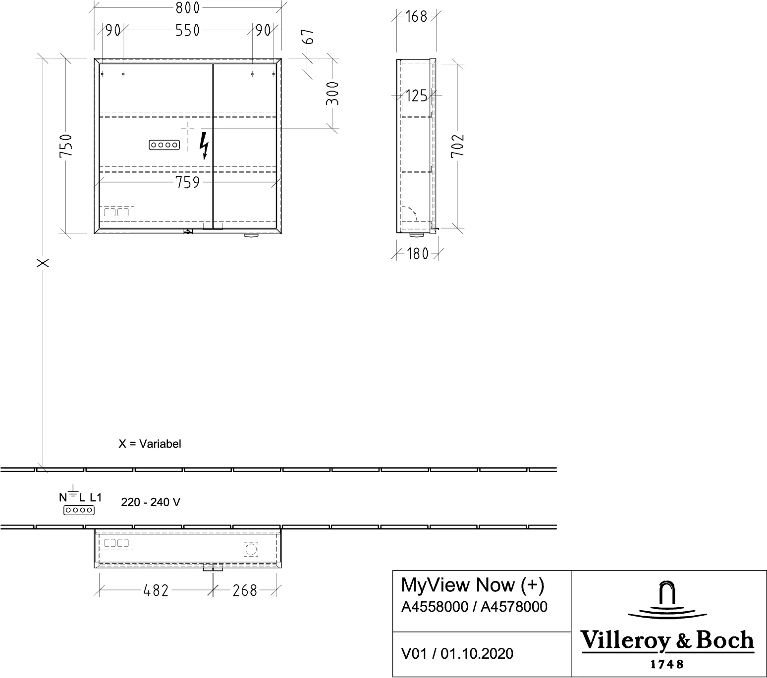 Villeroy & Boch My View Now Vorbau-Spiegelschrank A45580 800x750x168mm mit Beleuchtung