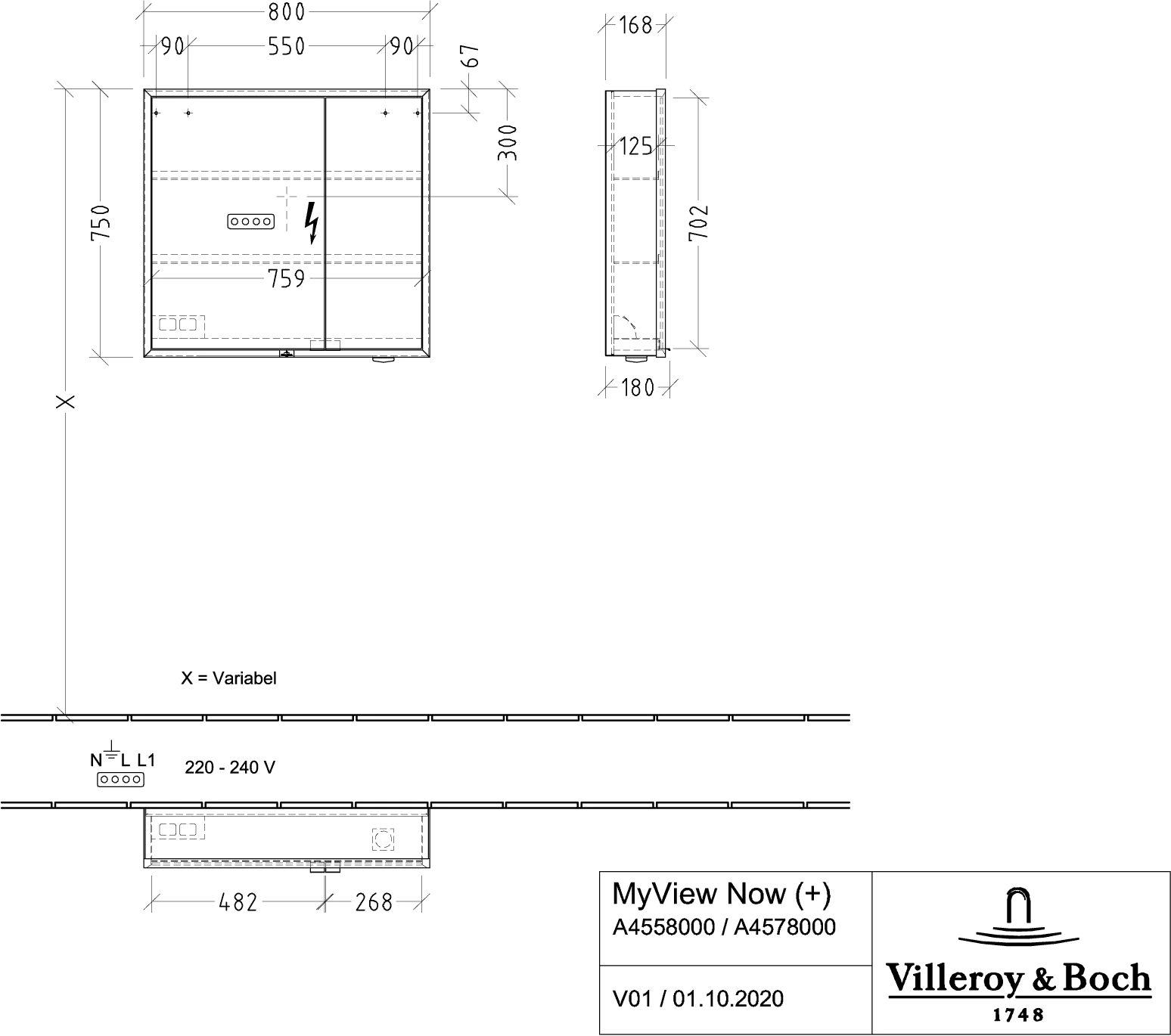 Villeroy & Boch My View Now Vorbau-Spiegelschrank A45580 800x750x168mm mit Beleuchtung
