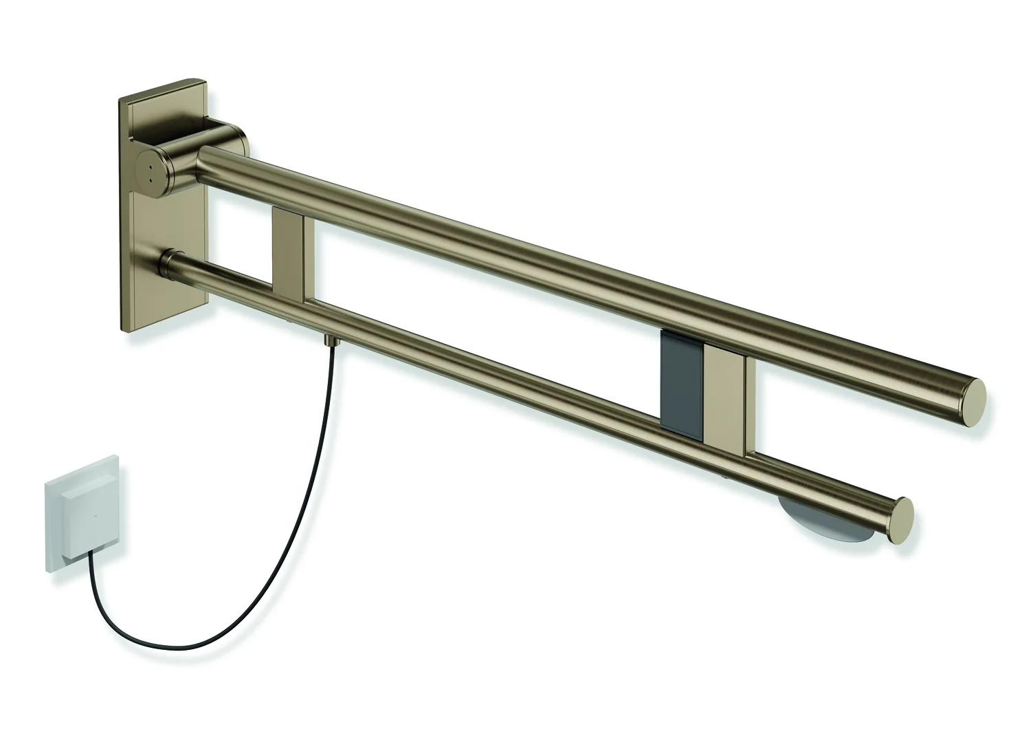 HEWI Stützklappgriff Duo, System 900, Design A, Edelstahl PVD bronze gebürstet, Ausladung 850 mm, mit WC-Papierhalter und Spülauslösung E-Ausführung,