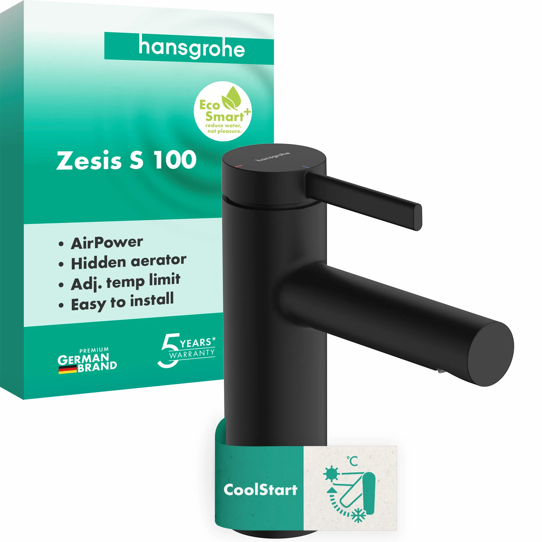 Hansgrohe Zesis S Einhebel-Waschtischmischer 100 CoolStart, mattschwarz, Ausladung 115 mm, Auslaufhöhe 104 mm