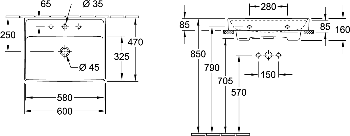 Villeroy & Boch Wandwaschtisch aus TitanCeram geschliffen „Collaro“ 600 × 470 × 160 mm, mit Hahnlochbohrung, Hahnlochposition mittig in Weiß Alpin