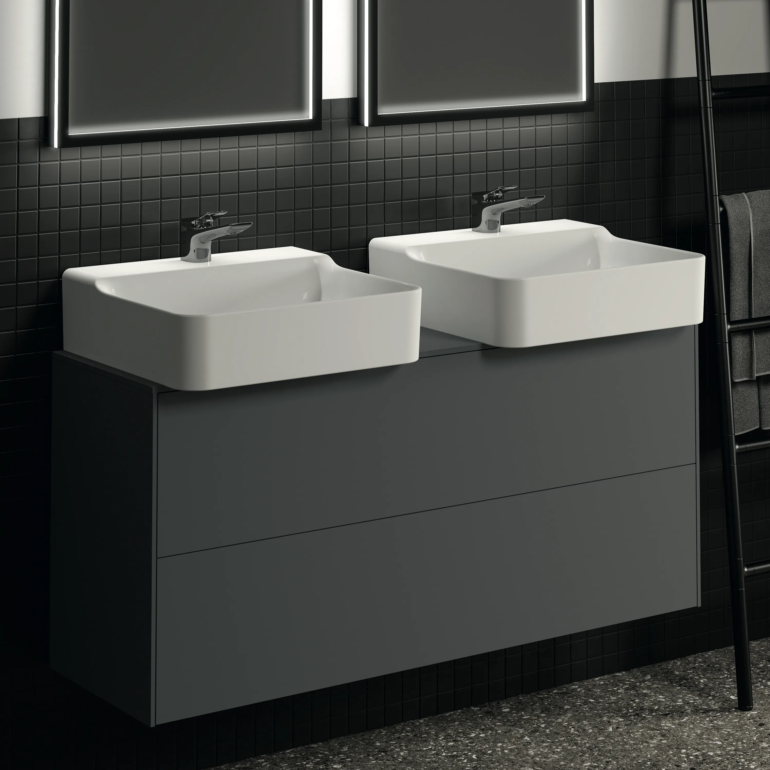 Ideal Standard Conca Waschtischunterschrank, Anthrazit matt, 1.202 x 373 x 550 mm, 2 Auszüge mit Push-Open und Softclose-Einzug, wahlweise links oder rechts Ideal Standard Conca Waschtischunterschrank, Anthrazit matt, 1.202 x 373 x 550 mm, 2 Auszüge mit Push-Open und Softclose-Einzug, wahlweise links oder rechts