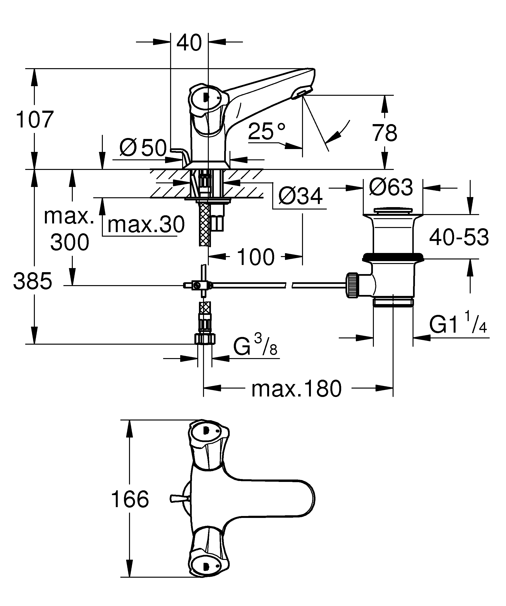 Waschtisch-Einlochbatterie Costa 21390_1, Gussauslauf mit Mousseur, Zugstangen-Ablaufgarnitur 1 1/4'', chrom