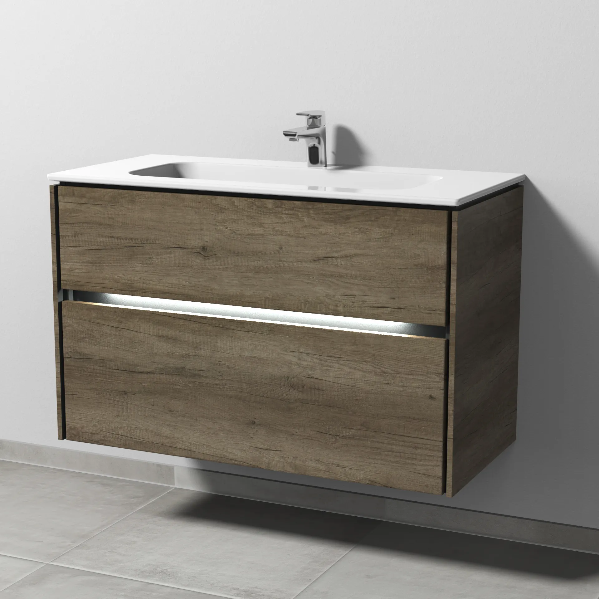 Keramik-Waschtisch-Set mit Waschtischunterschrank „Twiga“ 99 × 46 × 61 cm in Eiche Nebraska, mit Hahnlochbohrung, mit Beleuchtung Keramik-Waschtisch-Set mit Waschtischunterschrank „Twiga“ 99 × 46 × 61 cm in Eiche Nebraska, mit Hahnlochbohrung, mit Beleuchtung