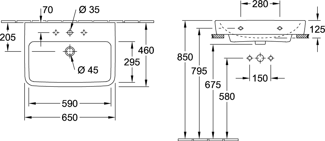 Villeroy & Boch Einbau-/Aufsatz Wandwaschtisch geschliffen „O.novo“ 650 × 460 × 175 mm, für Becken mittig, mit Hahnlochbohrung, Hahnlochposition mittig in Weiß Alpin