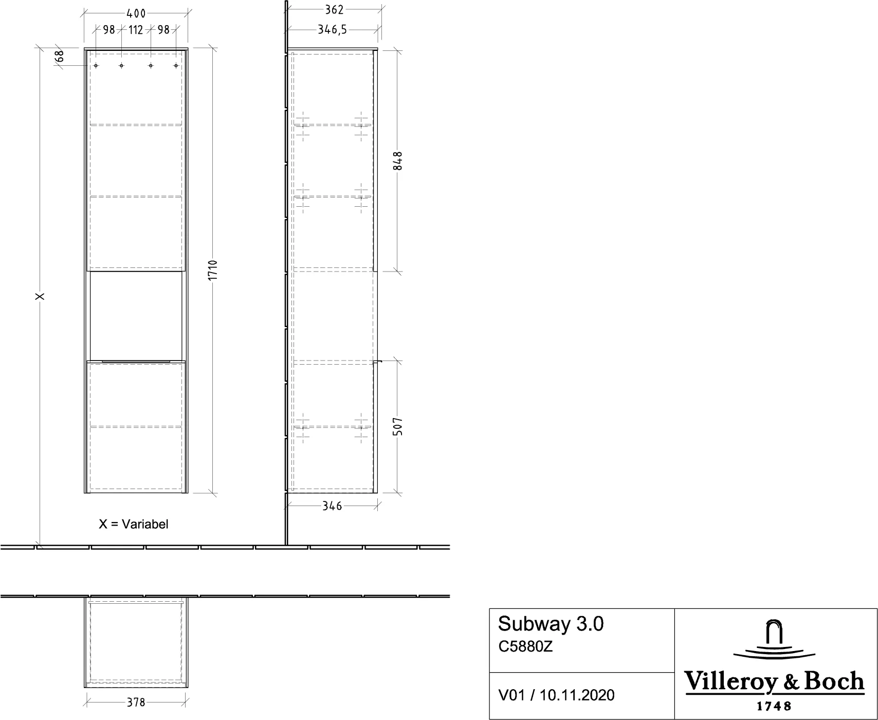 Villeroy & Boch Hochschrank Subway 3.0 C58800, 400x1710x362mm, 2 Türen, Anschlag links, White Oak
