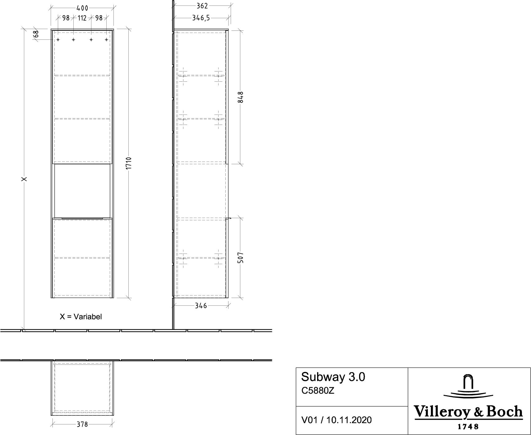 Villeroy & Boch Hochschrank Subway 3.0 C58800, 400x1710x362mm, 2 Türen, Anschlag links, Taupe Villeroy & Boch Hochschrank Subway 3.0 C58800, 400x1710x362mm, 2 Türen, Anschlag links, Taupe