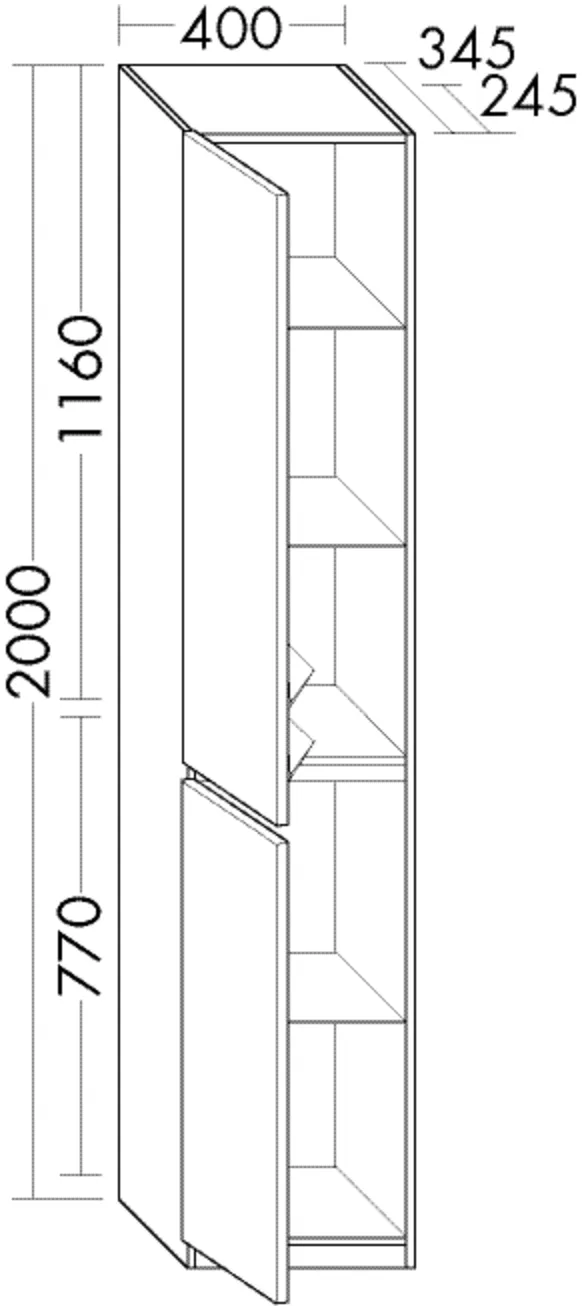 Hochschrank, 2 Türen;3 Glaseinlegeböden;1 fester Boden;2 Winkelablagen, Metall, graphit;mit Sockelleiste, Tiefe: 245 mm, Breite: 400 mm, Höhe: 2000 mm