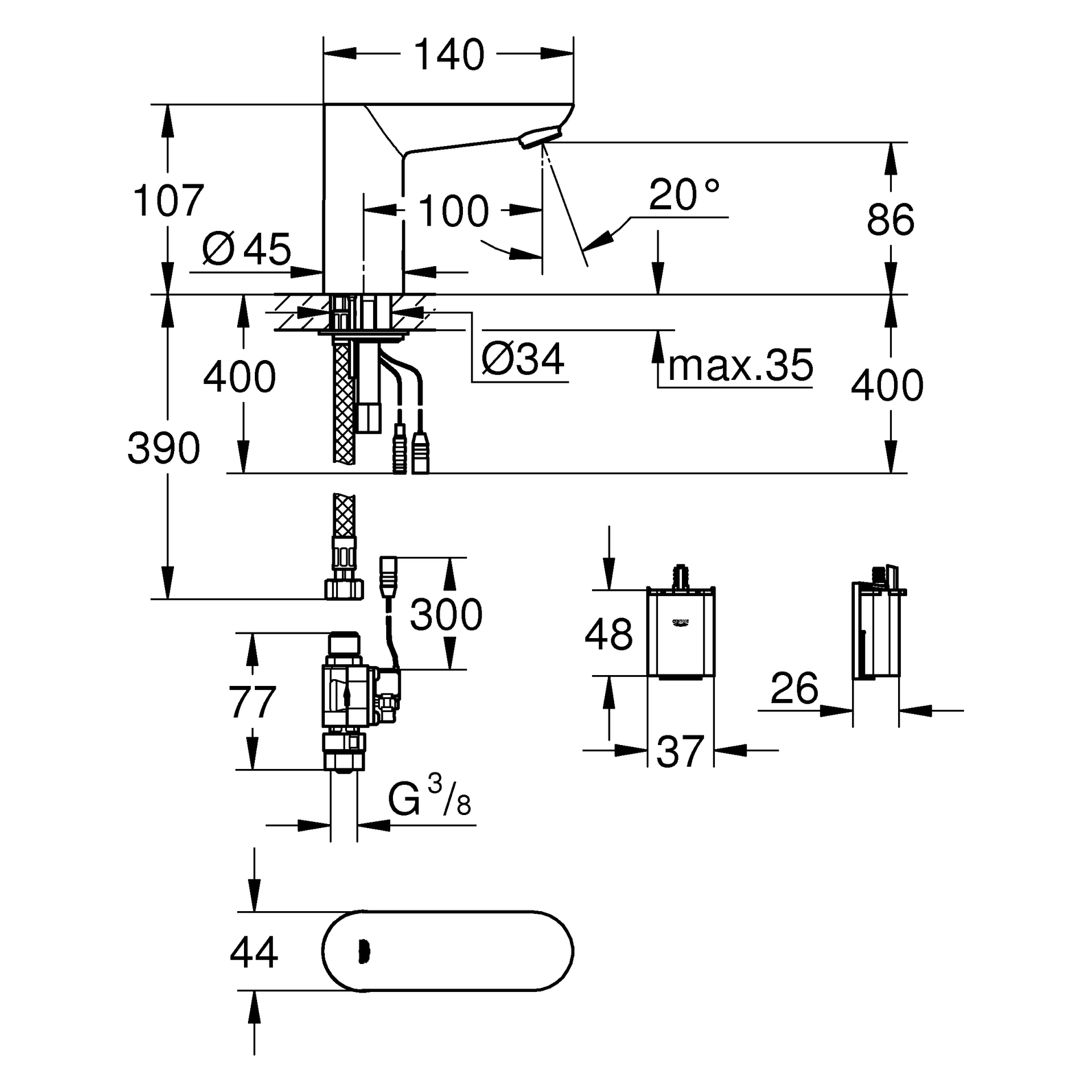 Infrarot-Elektronik für Waschtisch Euroeco CE 36271, DN 15, ohne Mischung, 6 V Lithium-Batterie, Typ CR-P2, chrom