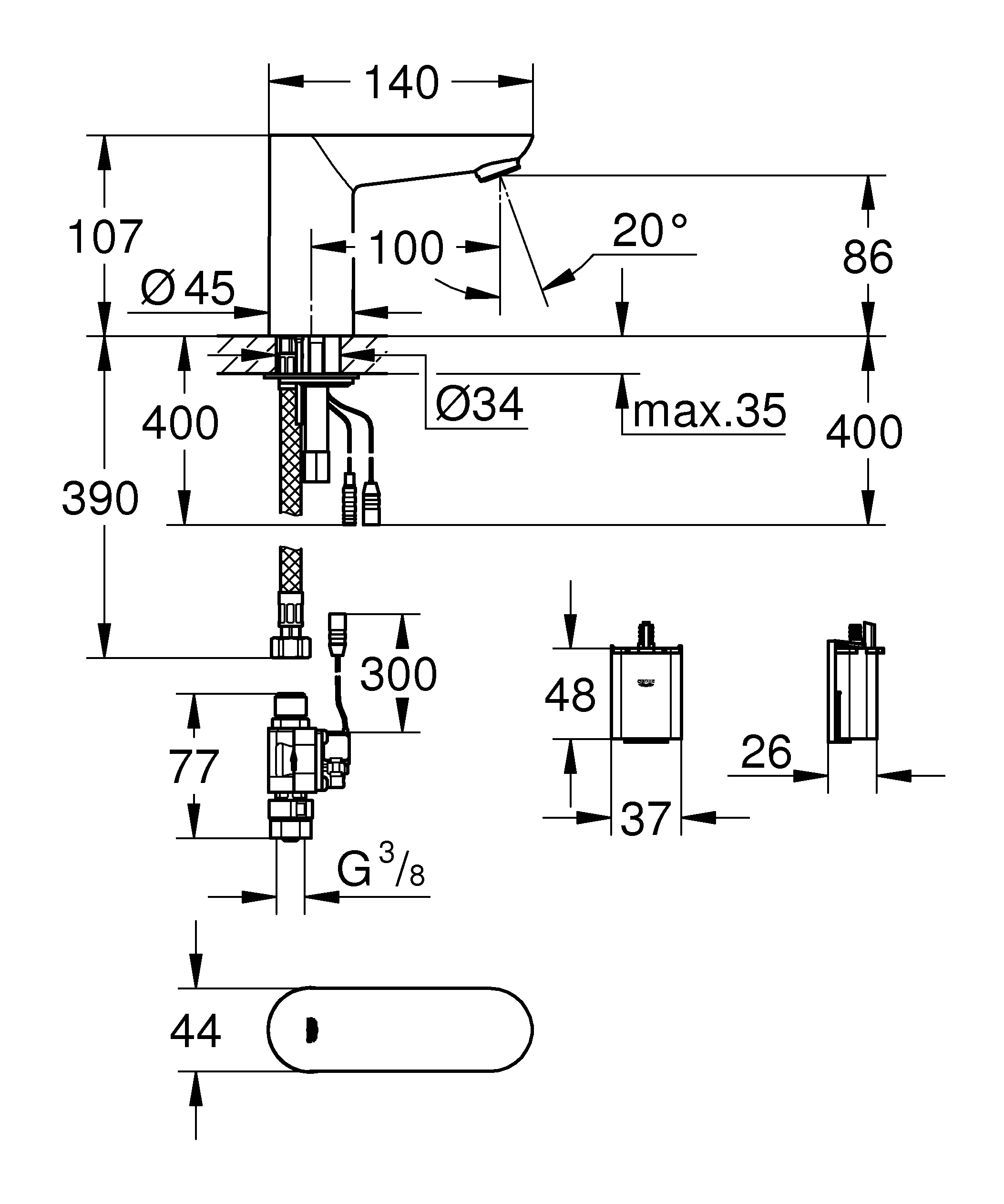 Infrarot-Elektronik für Waschtisch Euroeco CE 36271, DN 15, ohne Mischung, 6 V Lithium-Batterie, Typ CR-P2, chrom