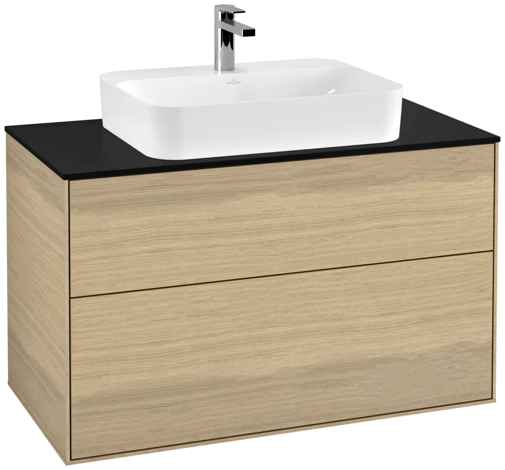 Villeroy & Boch Finion F35 Waschbeckenunterschrank, 1000 x 603 x 501 mm, Eckig, Oak Veneer / Glass Black Matt