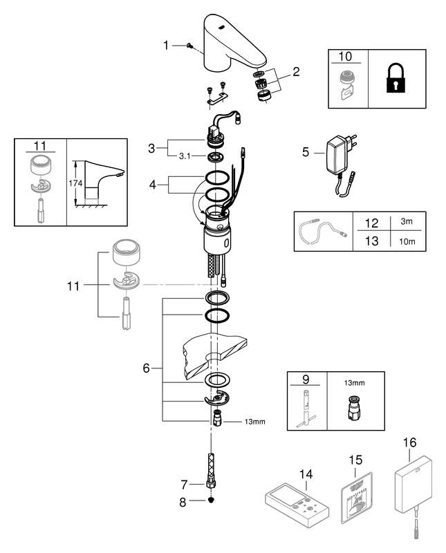 Infrarot-Elektronik für Waschtisch Europlus E 36016_1, ohne Mischung, für kaltes oder vorgemischtes Wasser, mit Steckertrafo 100-230 V AC, 50-60 Hz, 6 V DC, chrom