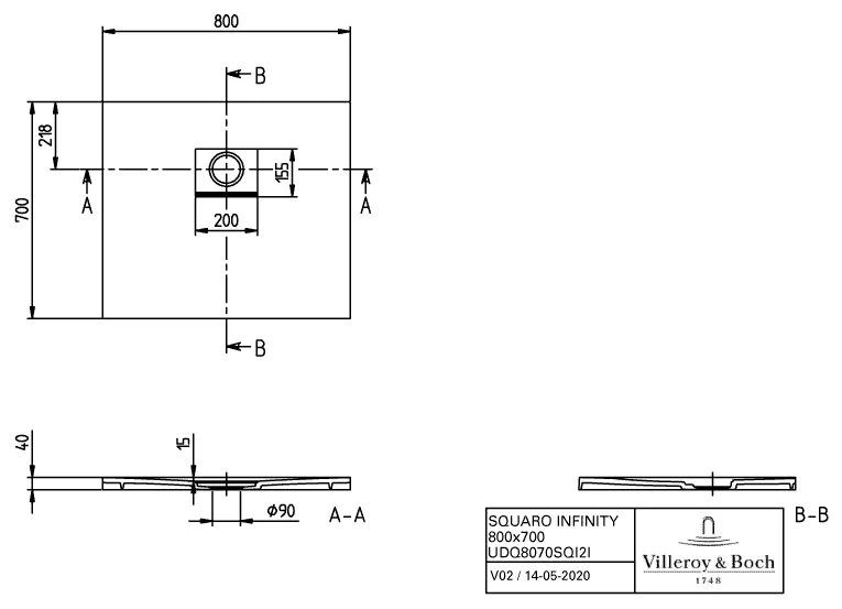 Villeroy & Boch rechteck Duschwanne „Squaro Infinity“ nur flächenbündige Installation 80 × 70 cm