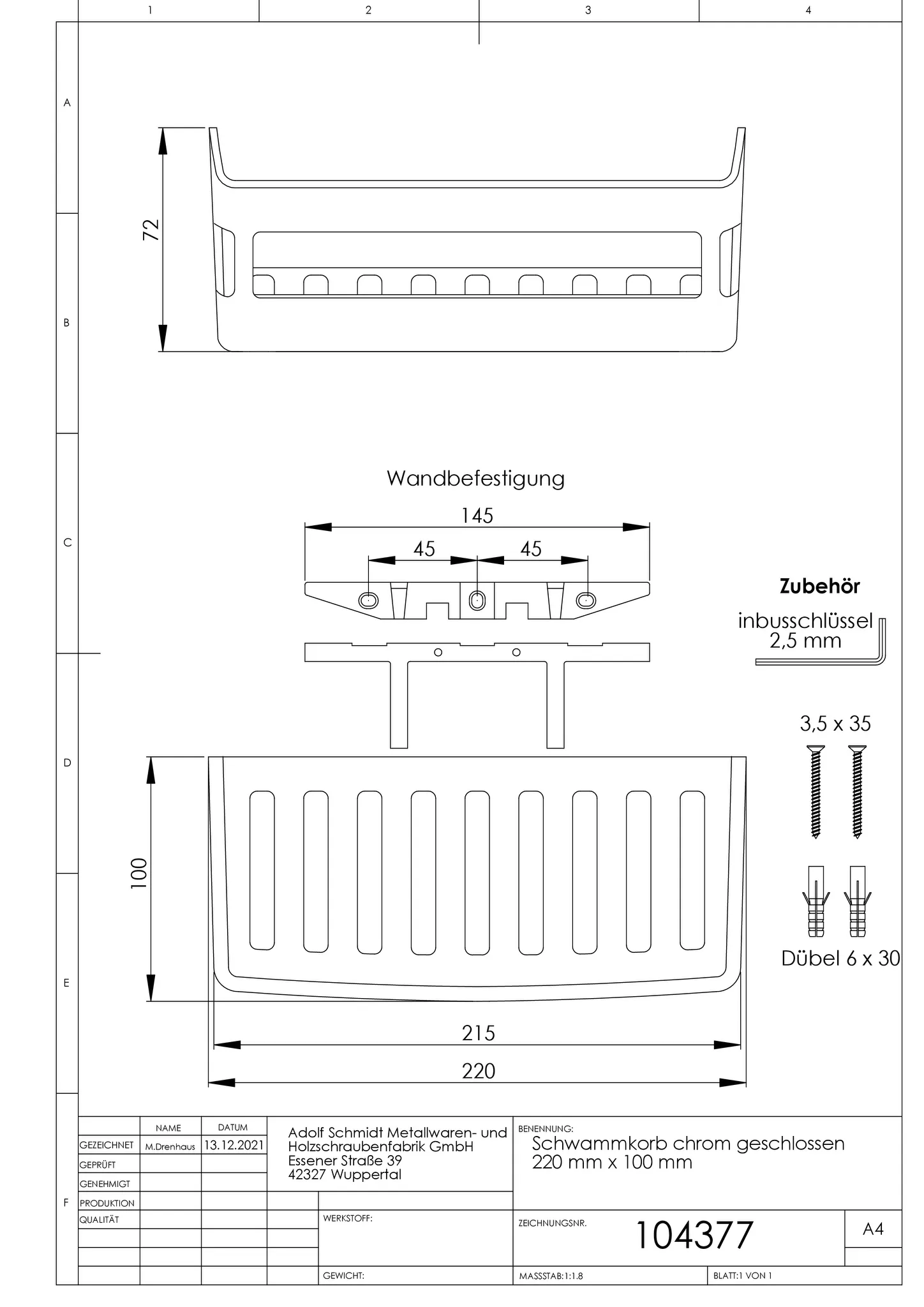 ASW Schwammkorb geschlossene matt schwarz, 220 mm x 100 mm