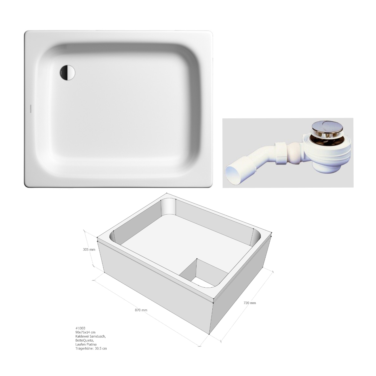 Set Duschwanne Kaldewei Sanidusch 75 × 90 cm mit Träger und Sanit-Ablauf in weiß Set Duschwanne Kaldewei Sanidusch 75 × 90 cm mit Träger und Sanit-Ablauf in weiß