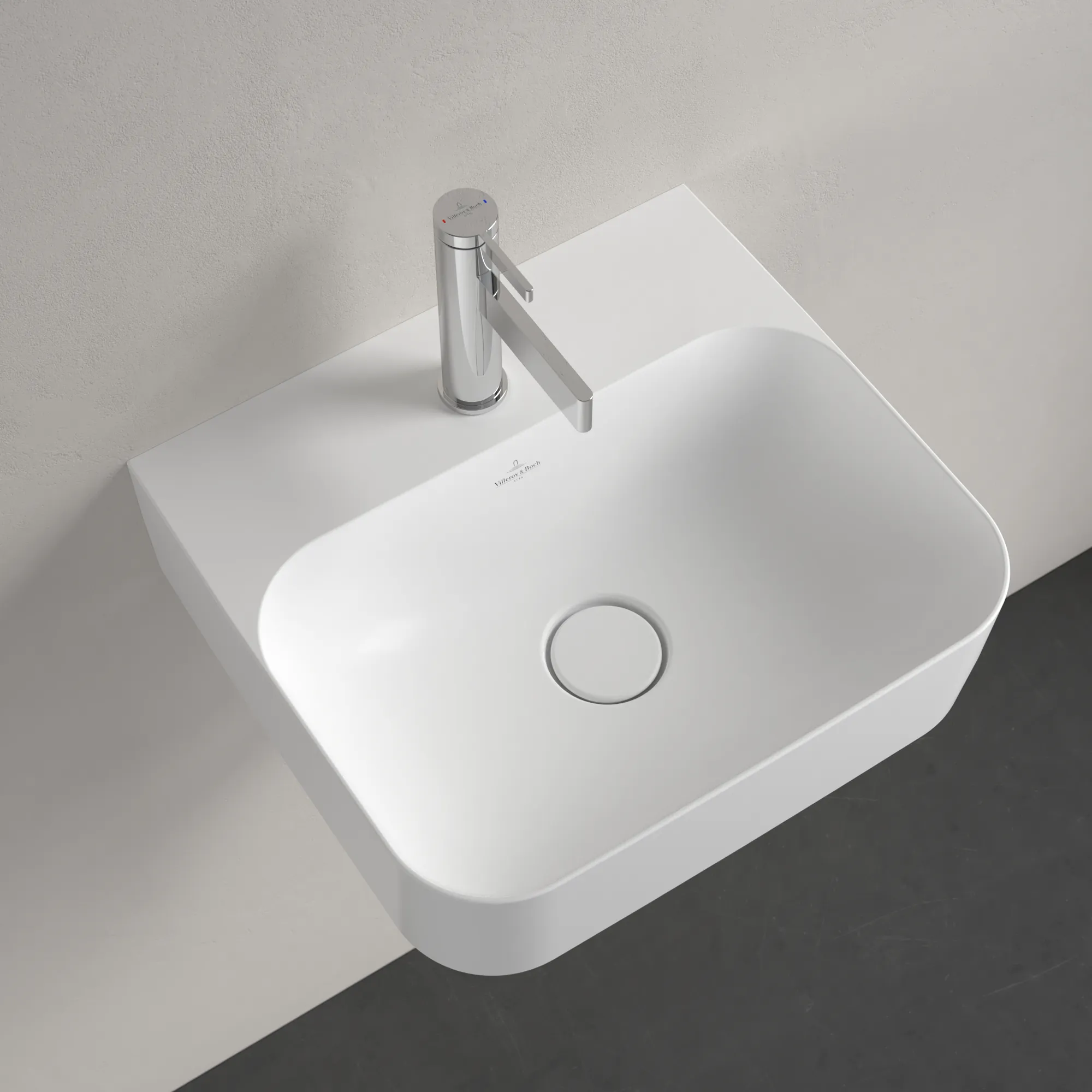 Villeroy & Boch Handwaschbecken aus TitanCeram „Finion“ 430 × 390 × 140 mm, mit Hahnlochbohrung, Hahnlochposition mittig in Stone White, mit CeramicPlus Villeroy & Boch Handwaschbecken aus TitanCeram „Finion“ 430 × 390 × 140 mm, mit Hahnlochbohrung, Hahnlochposition mittig in Stone White, mit CeramicPlus