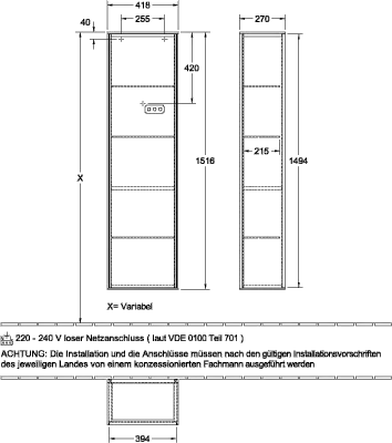 Villeroy & Boch Hochschrank „Finion“ 41,8 × 151,6 × 27 cm 1 Tür, Anschlag: rechts, inkl. Beleuchtung Anschlag rechts