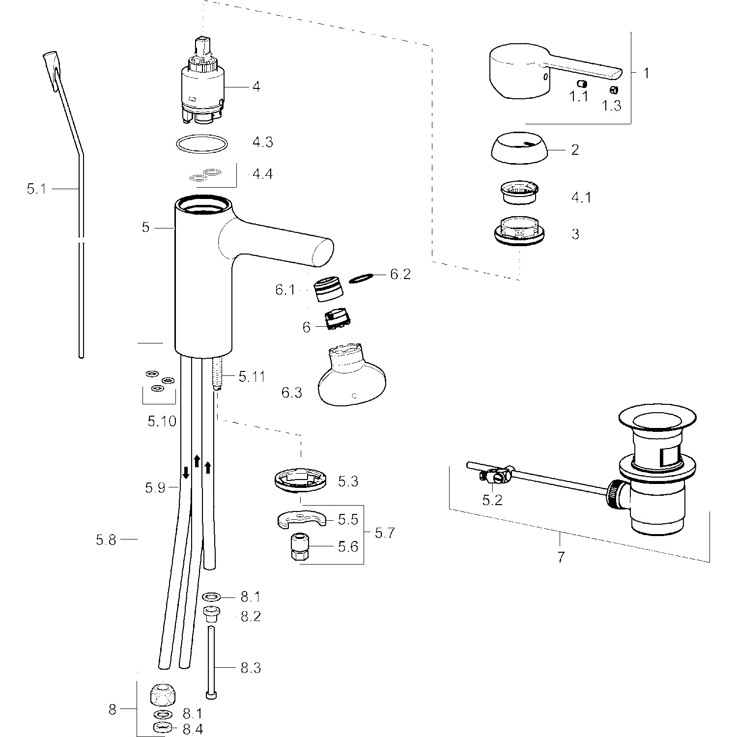 HA Einhebelmischer Waschtischbatterie, Niederdruck HANSARONDA 0313 Kupferrohr Zugstangenablaufgarnitur Ausladung 100mm Chrom