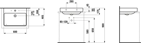 Aufsatzwaschtisch PRO S 465x600x175 1 Hahnloch mit Überlauf weiß