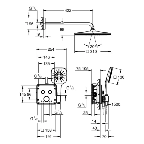 Unterputz Duschsystem Grohtherm SmartControl 34865, eckige Form, mit UP-THM mit 2 Absperrventilen, integrierter Brausehalter, Rapido SmartBox, Kopfbrause Rainshower Mono 310 Cube, RSH SmartActive 130 Cube Handbrause, Brauseschlauch, chrom Unterputz Duschsystem Grohtherm SmartControl 34865, eckige Form, mit UP-THM mit 2 Absperrventilen, integrierter Brausehalter, Rapido SmartBox, Kopfbrause Rainshower Mono 310 Cube, RSH SmartActive 130 Cube Handbrause, Brauseschlauch, chrom