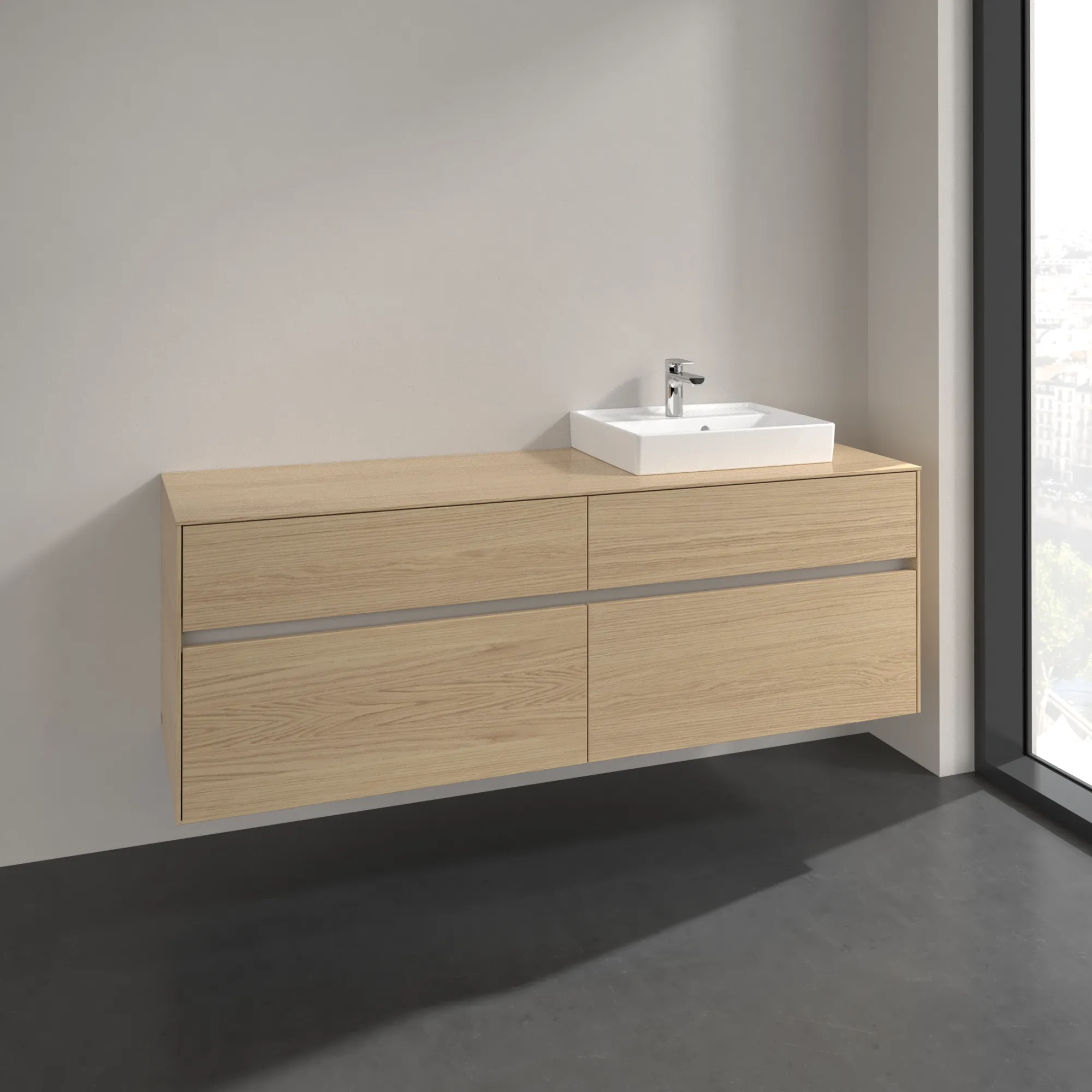 Villeroy & Boch Waschtischunterschrank „Collaro“ 1600 × 548 × 500 mm Nordic Oak, ohne Beleuchtung, für Becken rechts Villeroy & Boch Waschtischunterschrank „Collaro“ 1600 × 548 × 500 mm Nordic Oak, ohne Beleuchtung, für Becken rechts