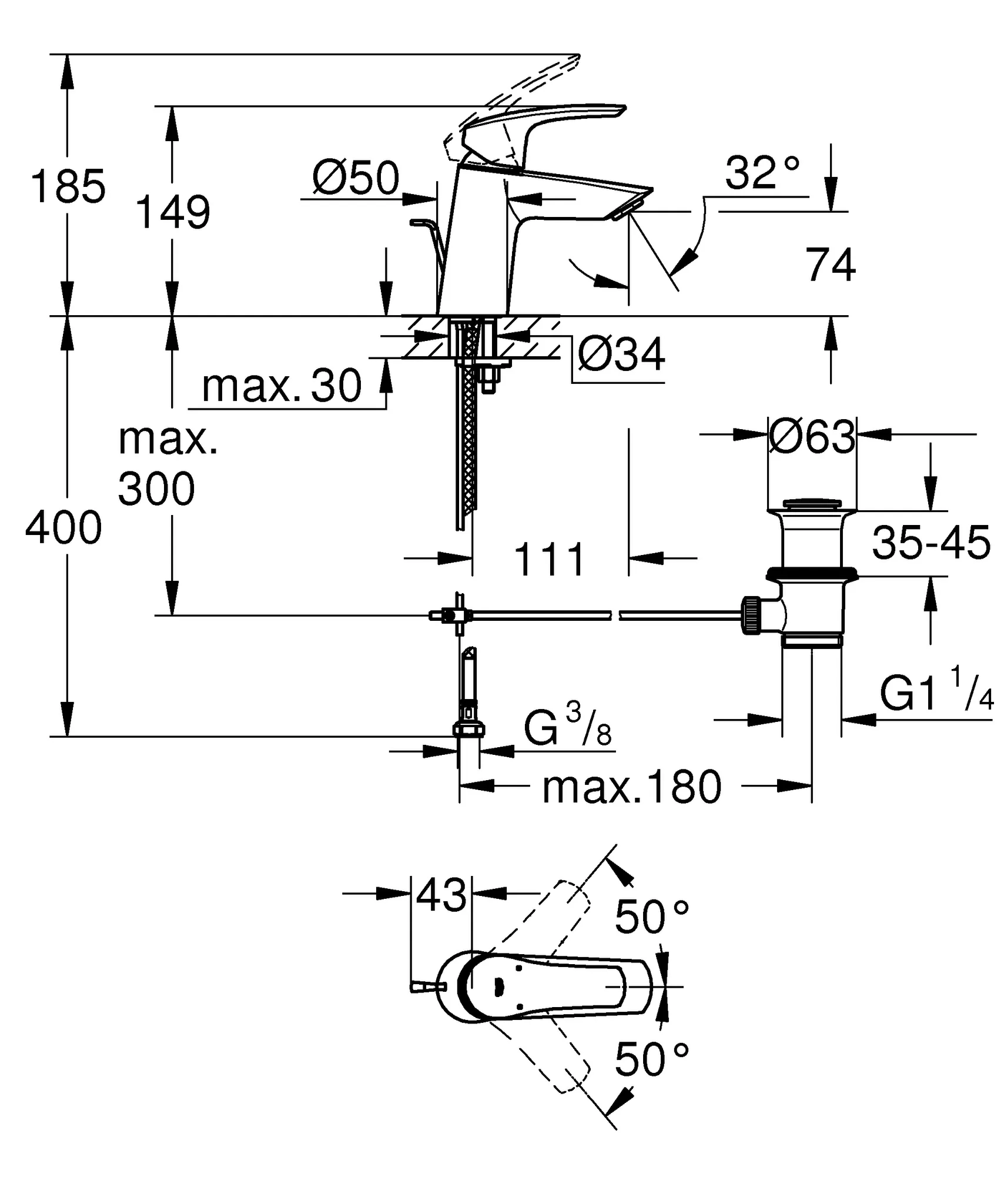 EH-Waschrischbatterie 23965, S-Size, geneigt Version, Zugstangen-Ablaufgarnitur, chrom EH-Waschrischbatterie 23965, S-Size, geneigt Version, Zugstangen-Ablaufgarnitur, chrom