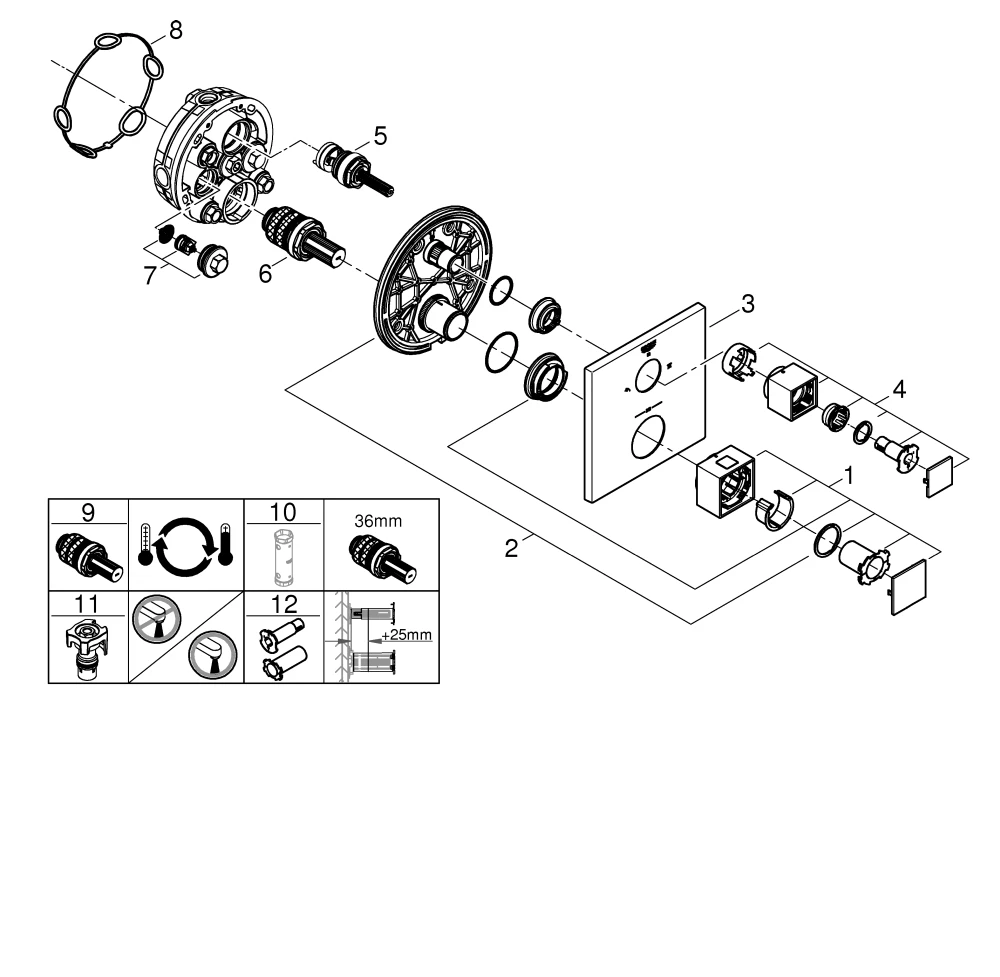 Thermostat-Brausebatterie Grohtherm Cube 24154, mit integrierter 2-Wege-Umstellung, Fertigmontageset für Rapido SmartBox, chrom