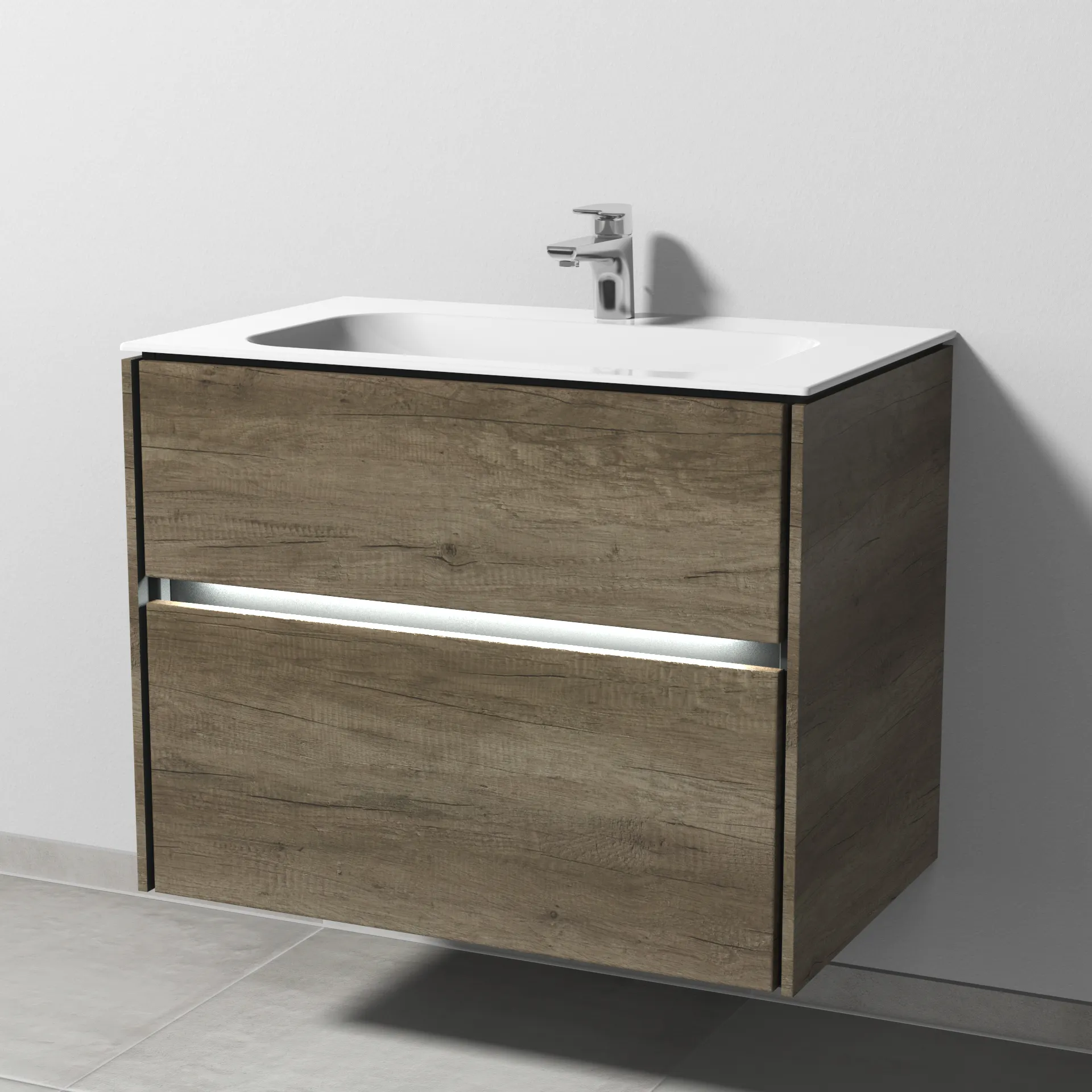 Keramik-Waschtisch-Set mit Waschtischunterschrank „Twiga“ 79 × 50 × 61 cm in Eiche Nebraska, mit Hahnlochbohrung, mit Beleuchtung