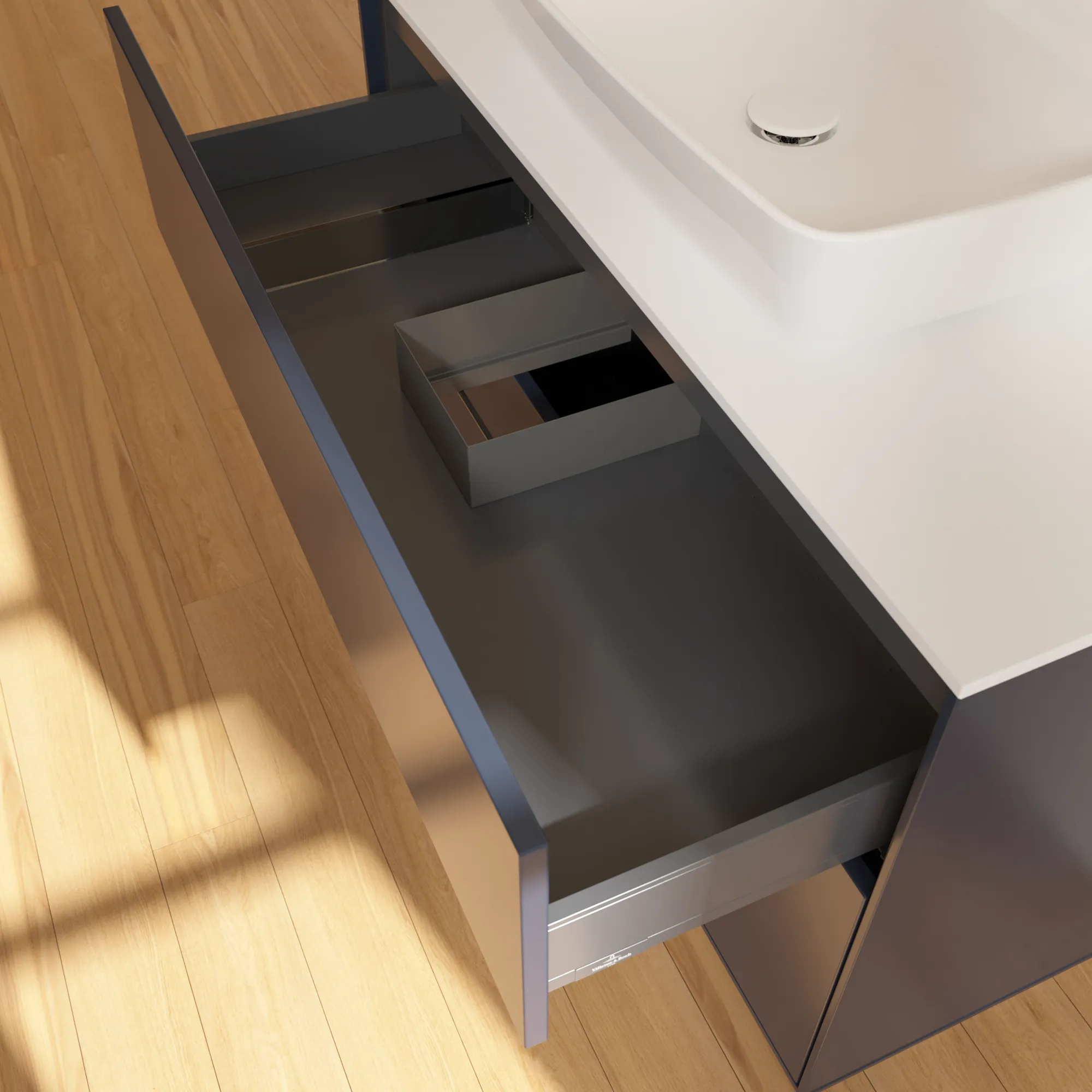 Villeroy & Boch Finion F76 Waschbeckenunterschrank, Midnight Blue Matt Lacquer / Glass White Matt Villeroy & Boch Finion F76 Waschbeckenunterschrank, Midnight Blue Matt Lacquer / Glass White Matt