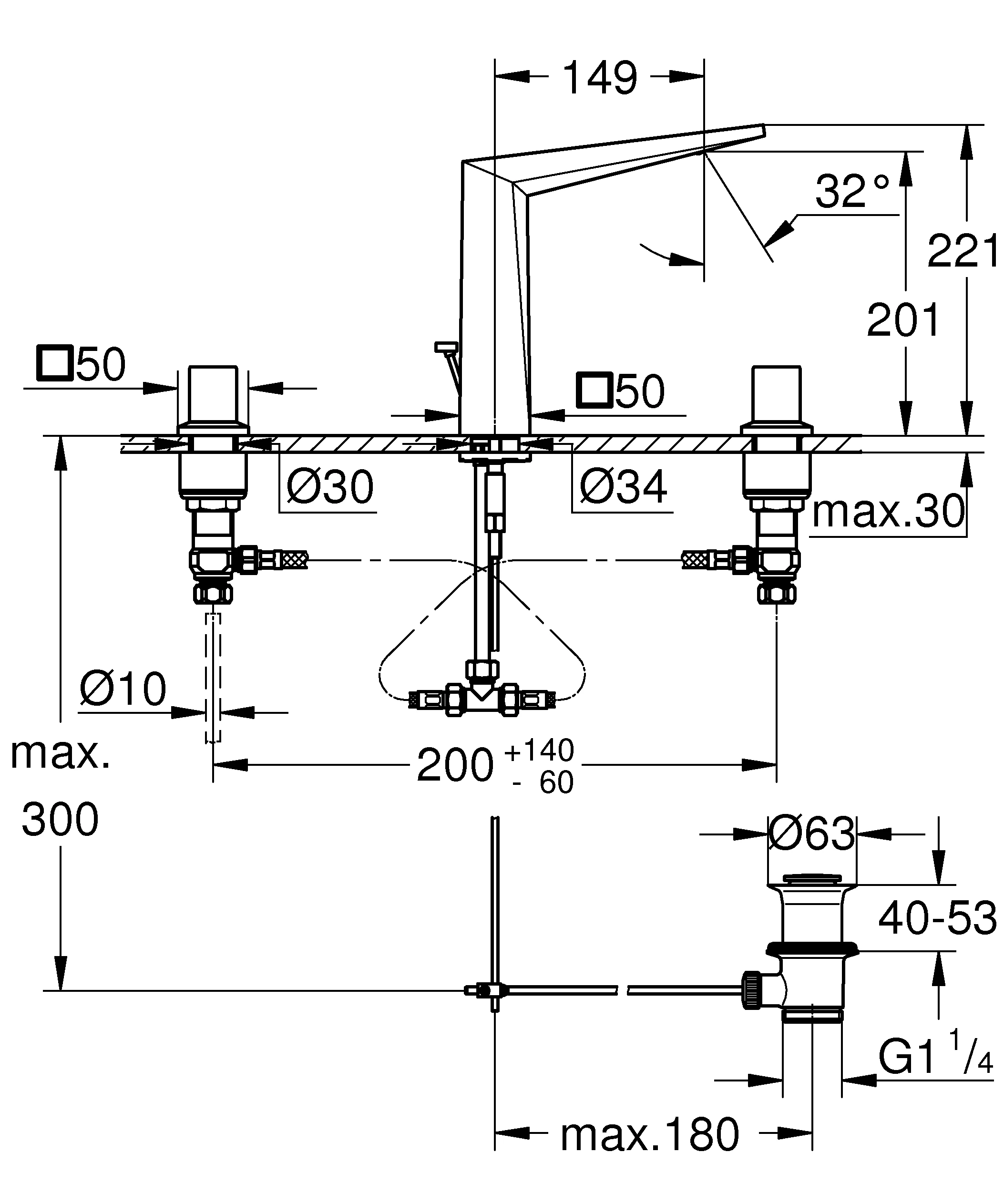 3-Loch-Waschtischbatterie Allure Brilliant 20627, Zugstangen-Ablaufgarnitur 1 1/4'', chrom