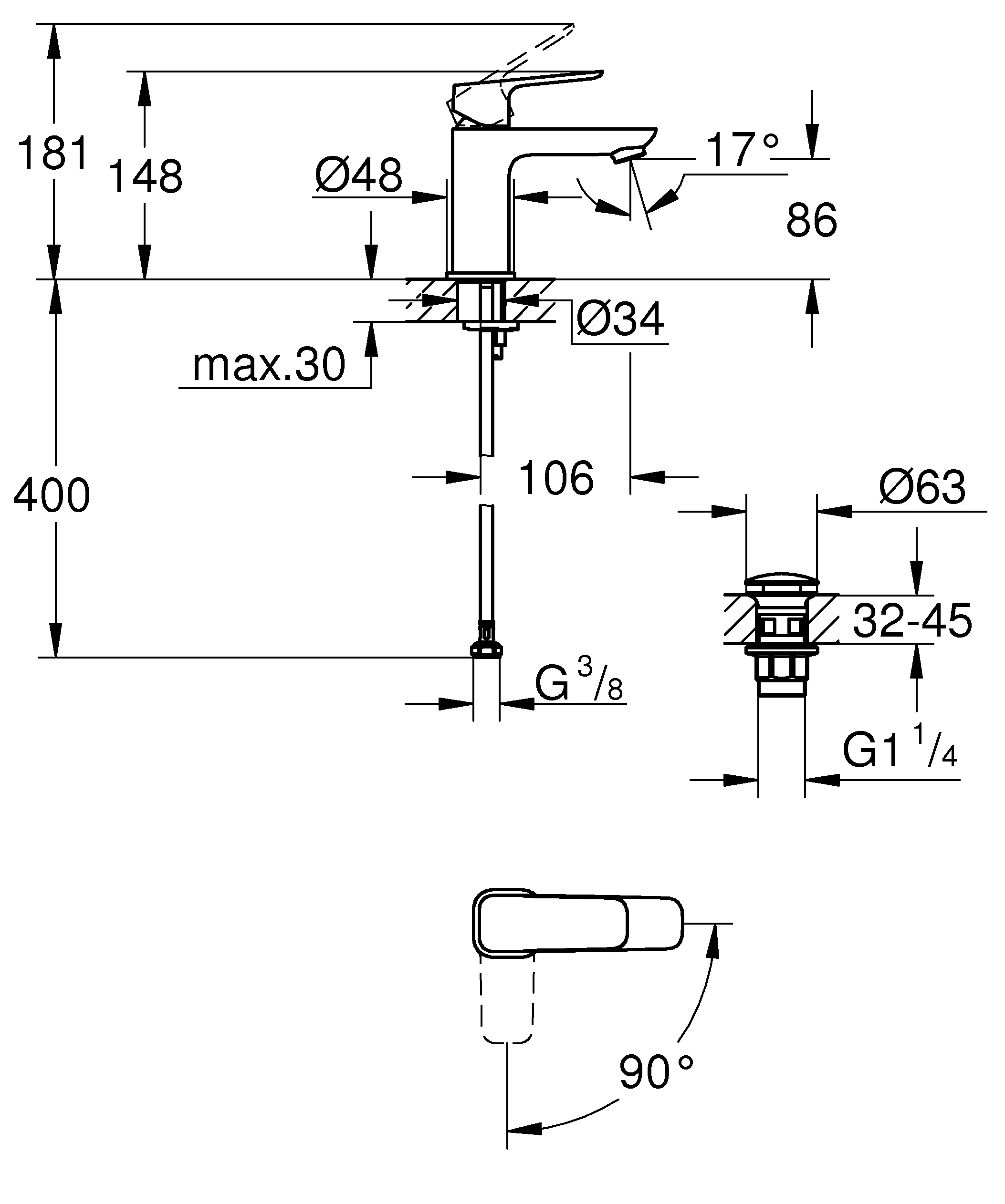 Waschtischarmatur „Cubeo“ Ausladung 106 mm in chrom