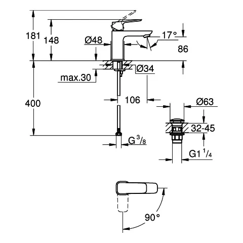 Grohe Cubeo Einhand-Waschtischbatterie S-Size, Mittelstellung kalt, chrom Grohe Cubeo Einhand-Waschtischbatterie S-Size, Mittelstellung kalt, chrom