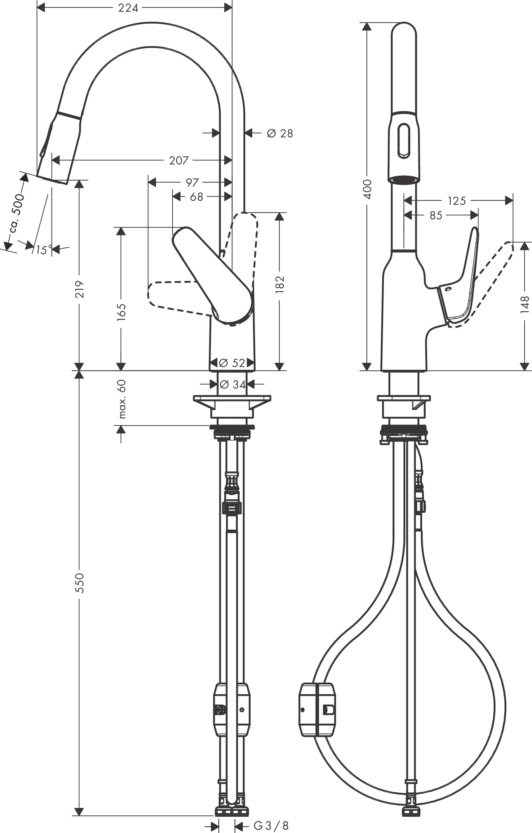 Hansgrohe Spültischmischer Focus M42 mit Ausziehbrause 2jet in Chrom, 360° Schwenkbereich, ComfortZone 220, max. Durchfluss 8 l/min, Auszugslänge bis zu 50 cm