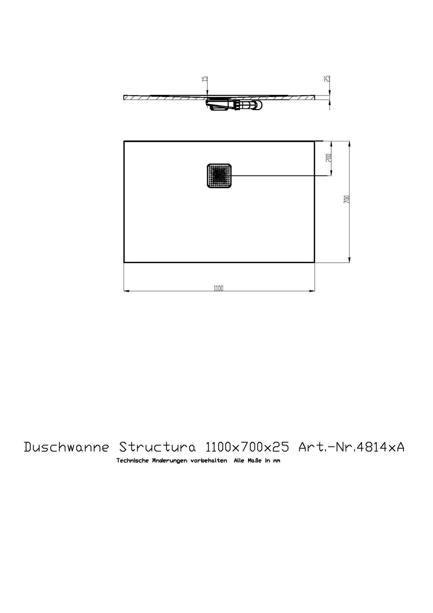 Duschwanne Structura 1100x700x25 in gesoftete Schieferoptik, mit Antirutsch B, Material Solique, Weiß